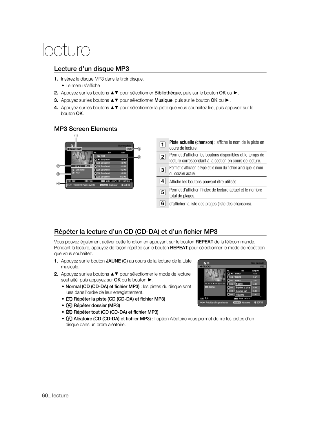 Samsung DVD-HR777A/EDC, DVD-HR775A/XEN manual Lecture d’un disque MP3, Répéter la lecture d’un CD CD-DA et d’un ﬁchier MP3 