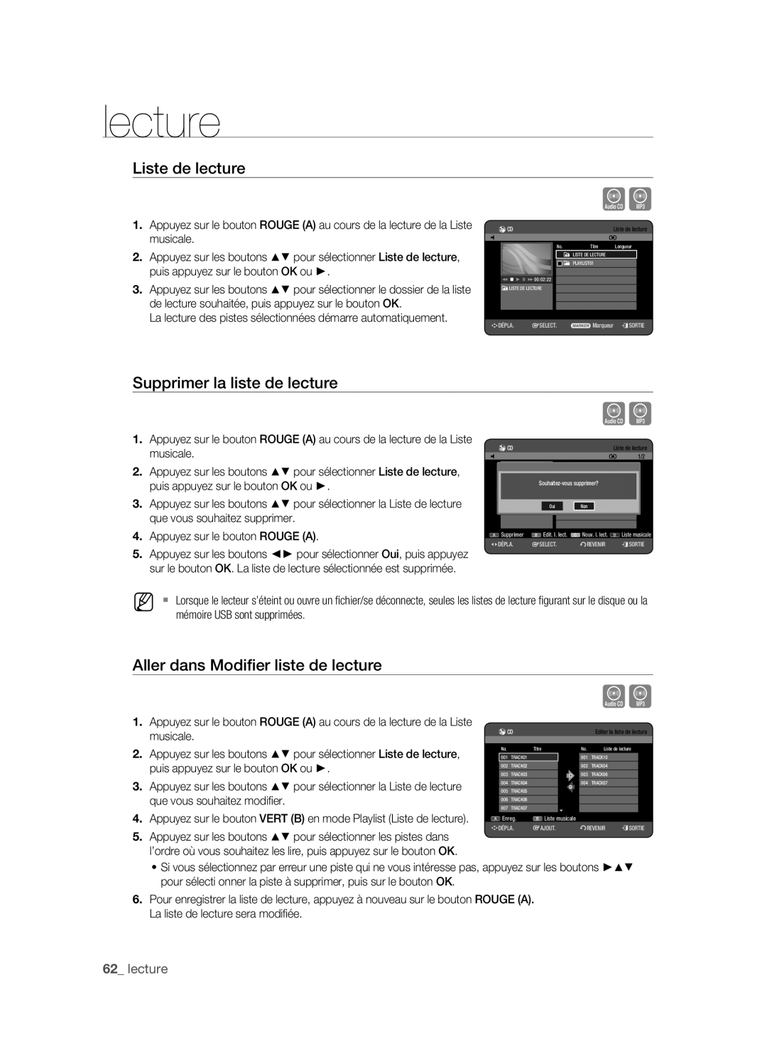 Samsung DVD-HR773A/XEB manual Liste de lecture, Supprimer la liste de lecture, Aller dans Modiﬁer liste de lecture 