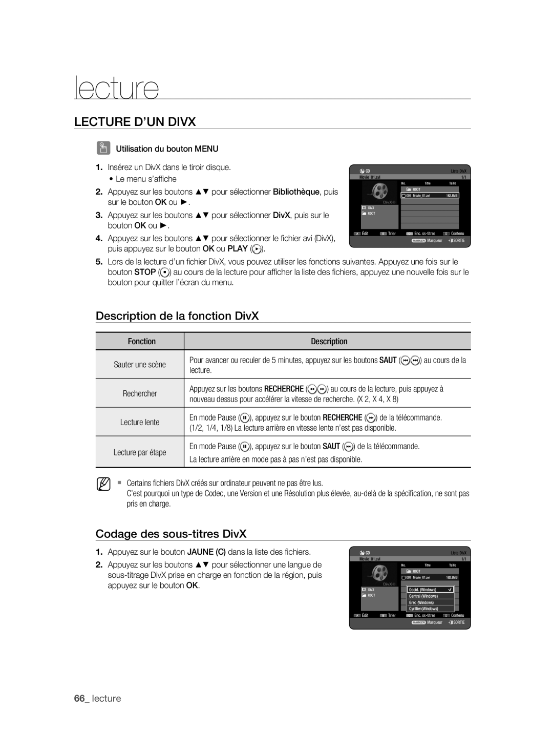 Samsung DVD-HR777A/XEB, DVD-HR775A/XEN Lecture D’UN Divx, Description de la fonction DivX, Codage des sous-titres DivX 