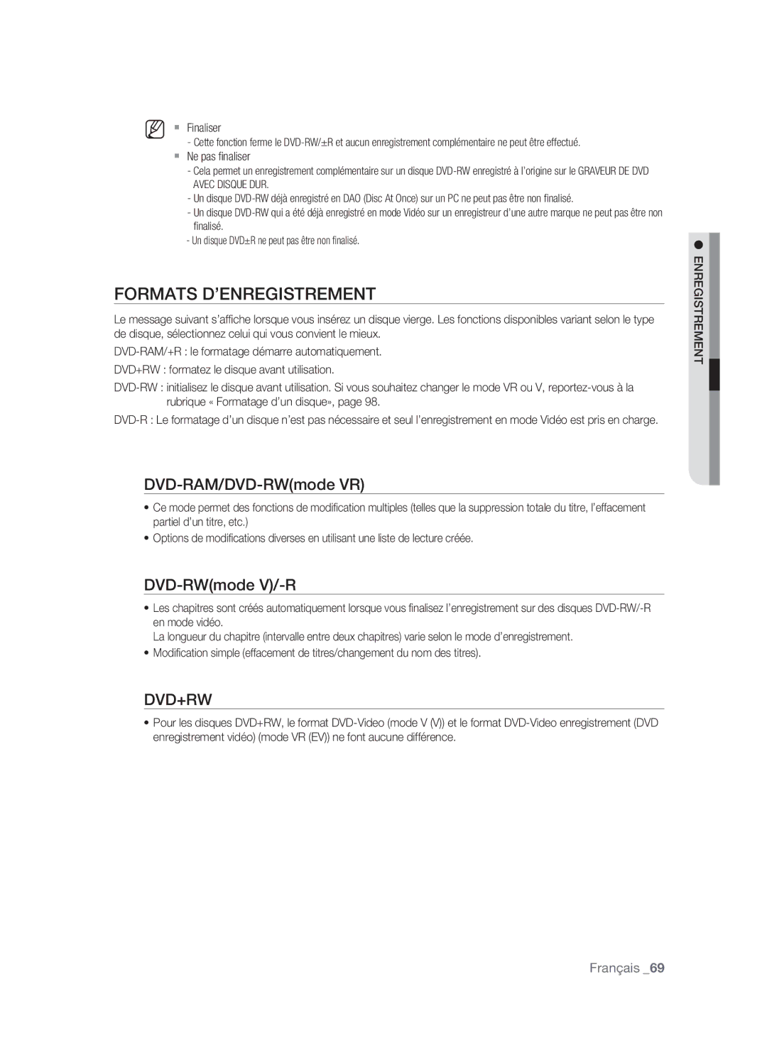 Samsung DVD-HR777A/AUS, DVD-HR775A/XEN Formats D’ENREGISTREMENT, DVD-RAM/DVD-RWmode VR, DVD-RWmode V/-R, Enregistrement 