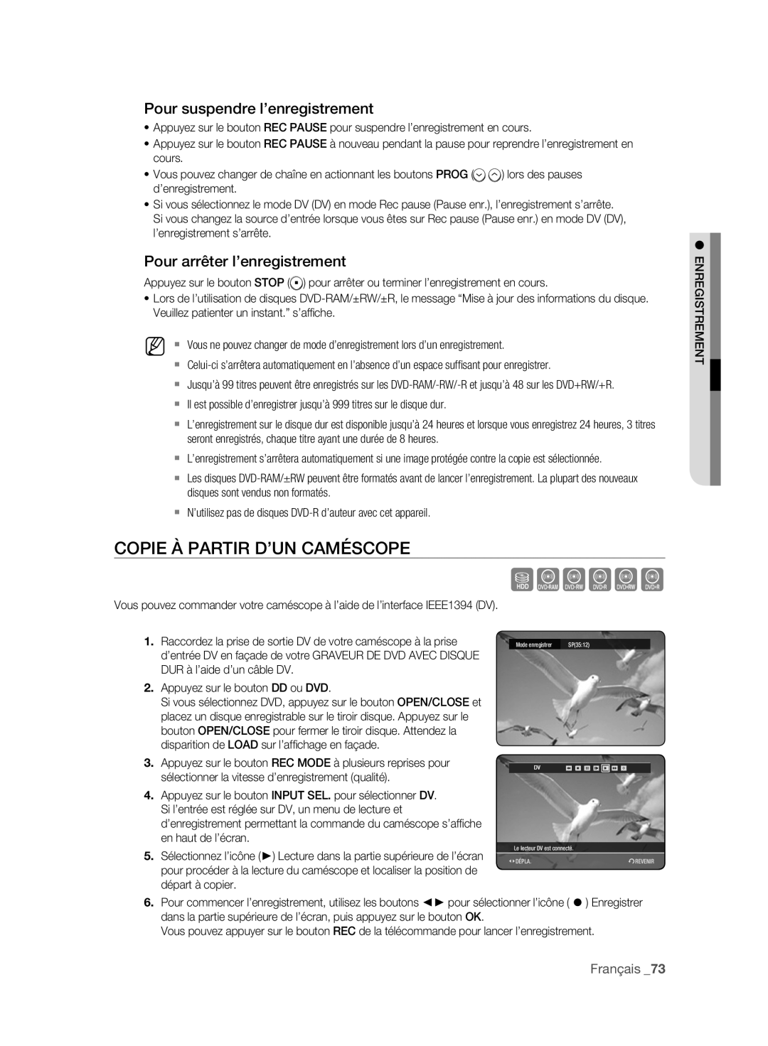 Samsung DVD-HR777A/XEG manual Copie À Partir D’UN Caméscope, Pour suspendre l’enregistrement, Pour arrêter l’enregistrement 