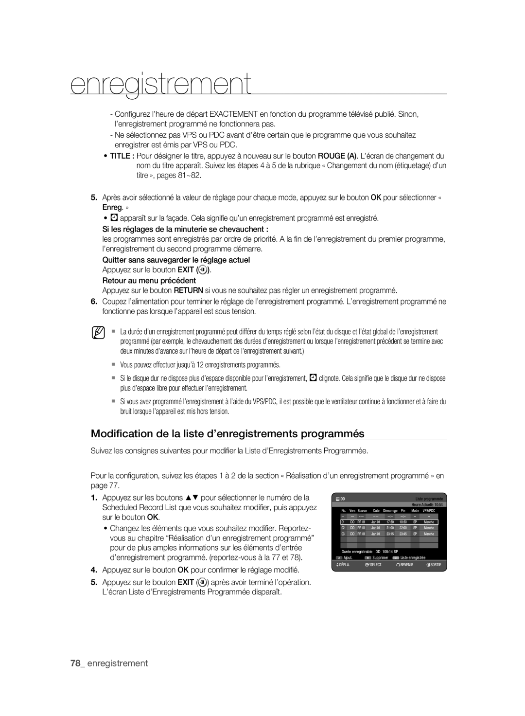 Samsung DVD-HR775A/AUS, DVD-HR775A/XEN, DVD-HR775A/EDC, DVD-HR773A/XEN Modiﬁcation de la liste d’enregistrements programmés 