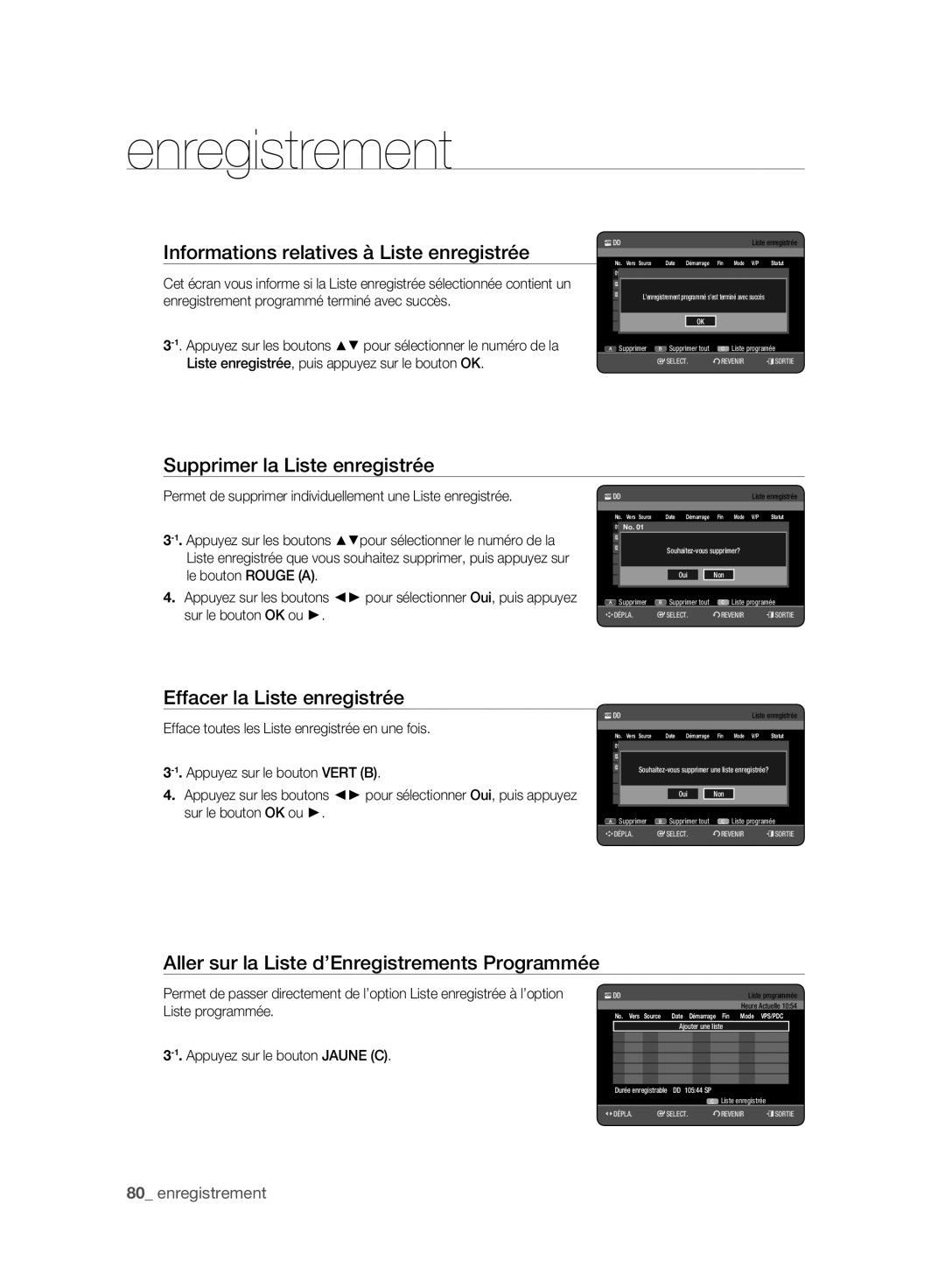 Samsung DVD-HR777A/XEB, DVD-HR775A/XEN manual Informations relatives à Liste enregistrée, Supprimer la Liste enregistrée 