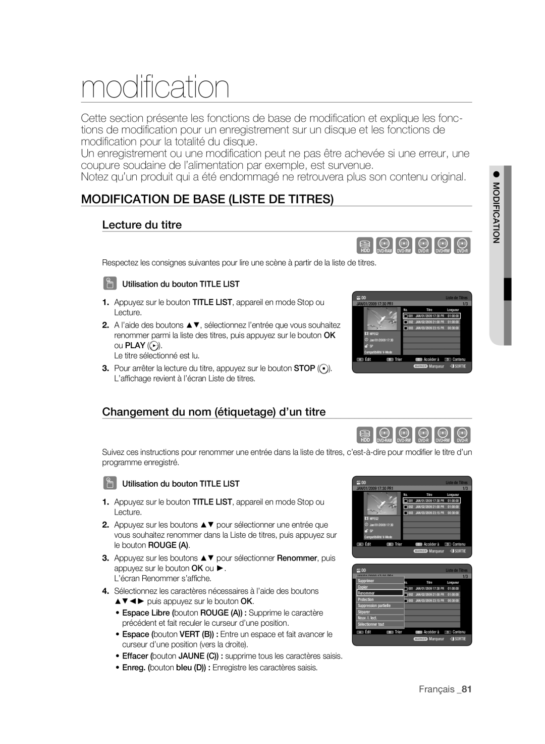 Samsung DVD-HR773A/AUS, DVD-HR775A/XEN, DVD-HR775A/EDC Modiﬁ cation, Modification DE Base Liste DE Titres, Lecture du titre 