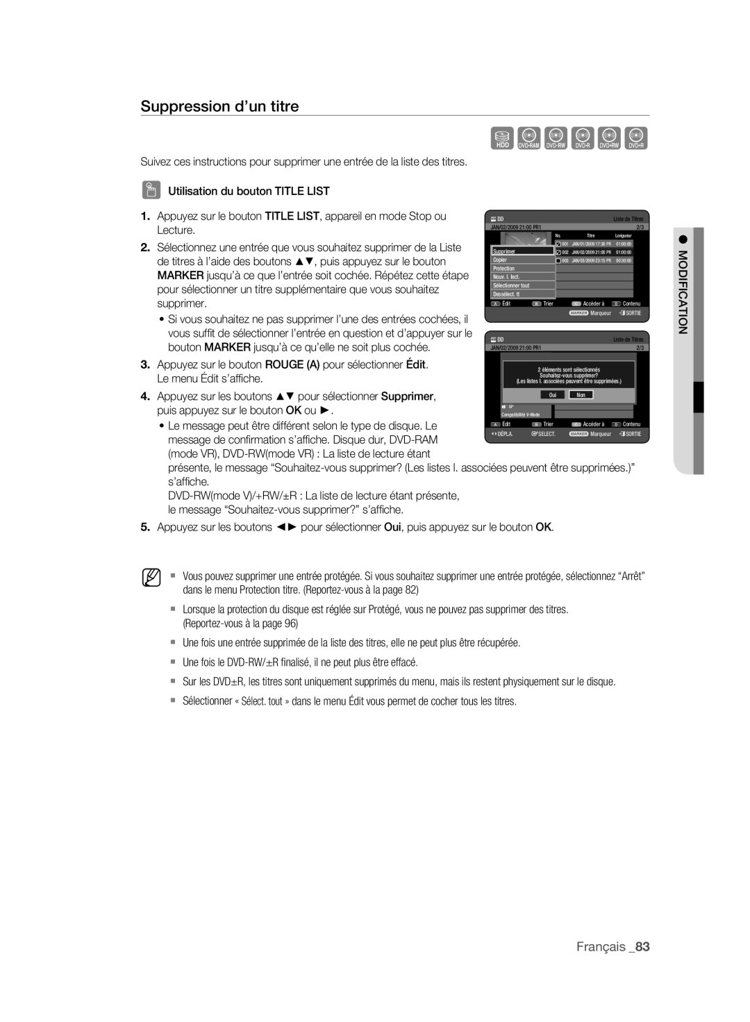 Samsung DVD-HR777A/AUS, DVD-HR775A/XEN Suppression d’un titre, Le message peut être différent selon le type de disque. Le 