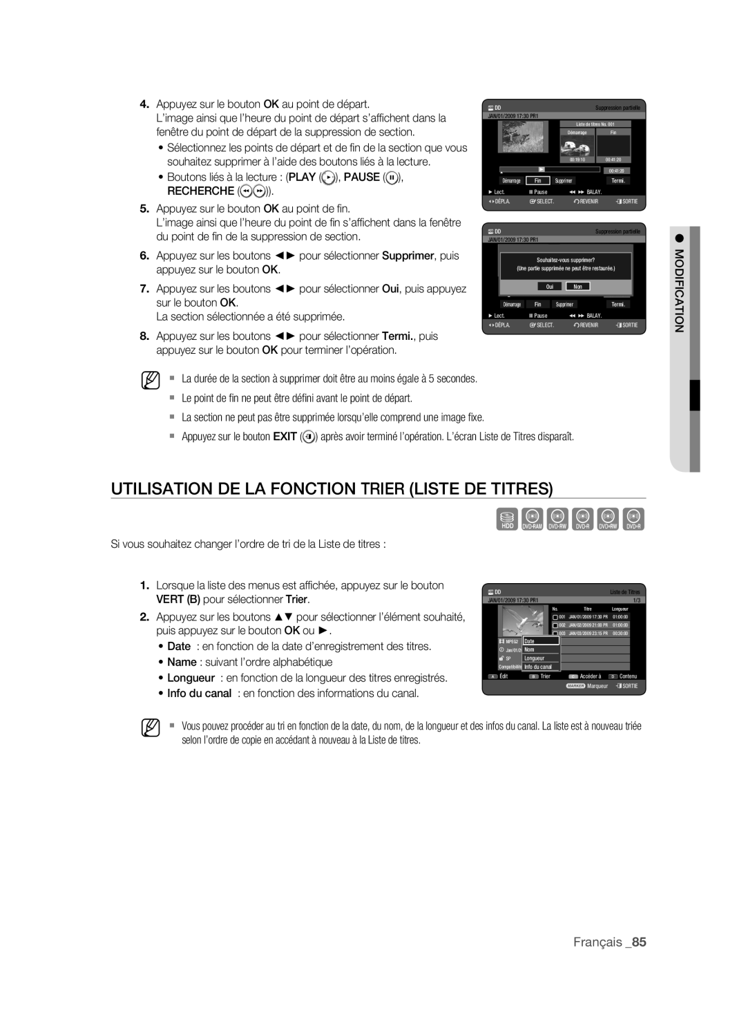 Samsung DVD-HR775A/EDC, DVD-HR775A/XEN, DVD-HR773A/XEN manual Utilisation DE LA Fonction Trier Liste DE Titres, Recherche 