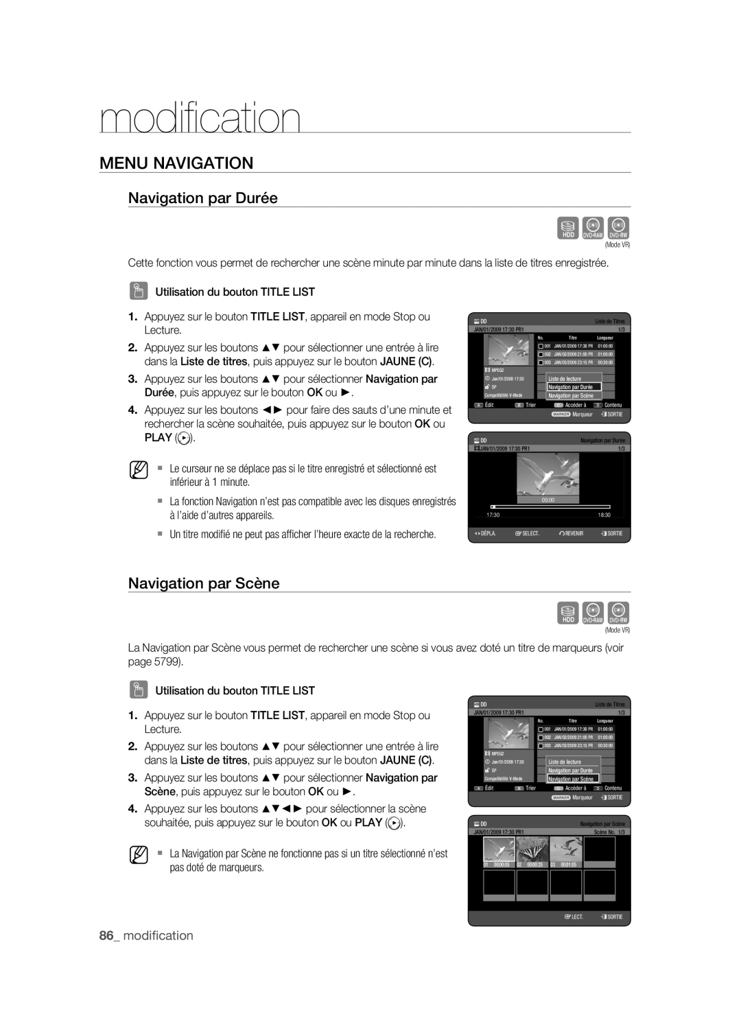 Samsung DVD-HR773A/XEN, DVD-HR775A/XEN, DVD-HR775A/EDC manual Menu Navigation, Navigation par Durée, Navigation par Scène 