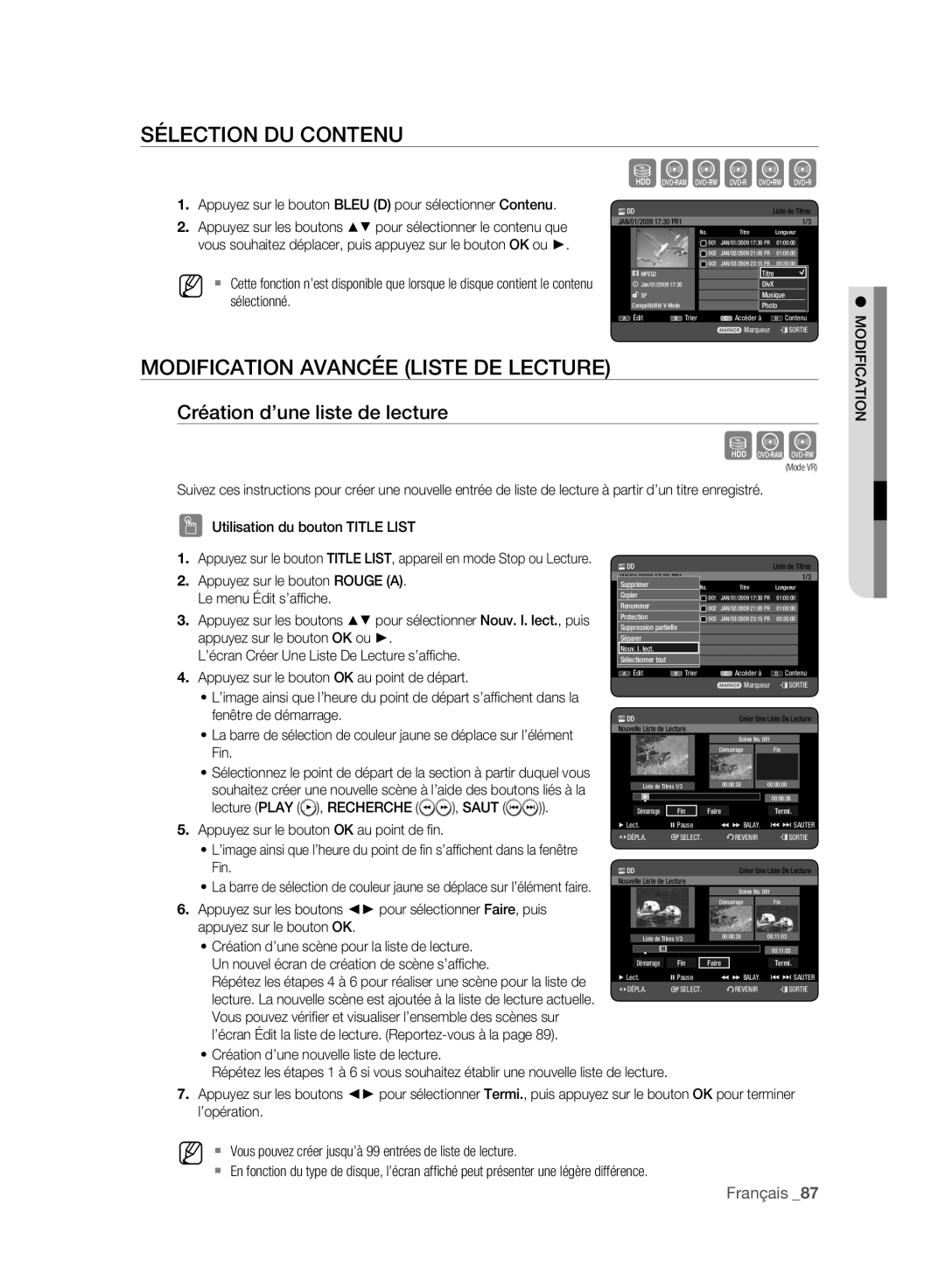 Samsung DVD-HR777A/XEG manual Sélection DU Contenu, Modification Avancée Liste DE Lecture, Création d’une liste de lecture 