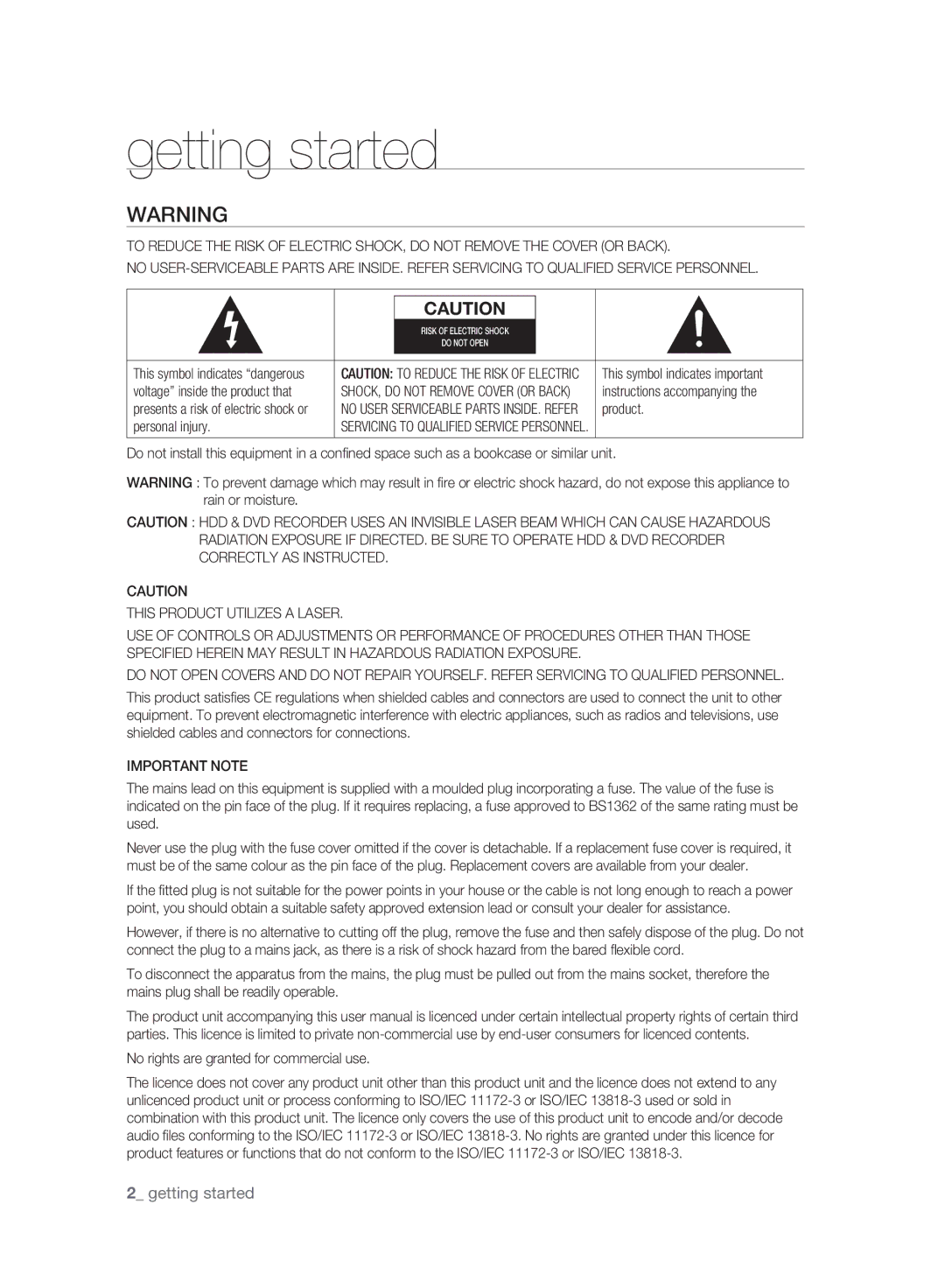 Samsung DVD-HR773A/XEN, DVD-HR775A/XEN Getting started, Personal injury, This Product Utilizes a Laser, Important Note 