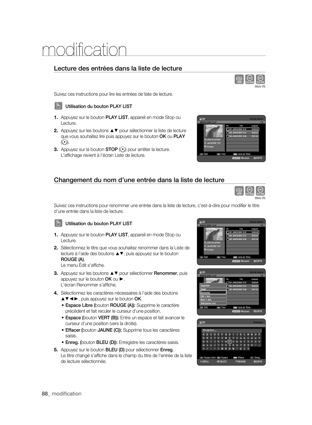 Samsung DVD-HR777A/EDC manual Lecture des entrées dans la liste de lecture, Nouv7. l.6lectS ènes Sélectionner tout 