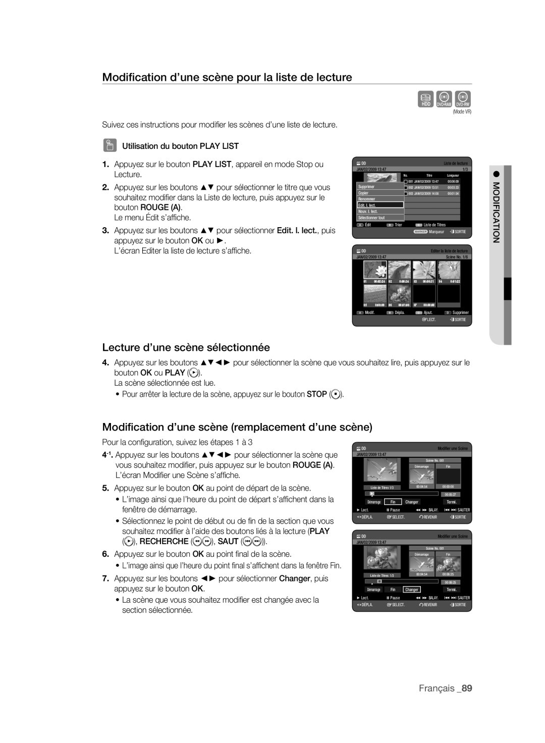 Samsung DVD-HR775A/XEB, DVD-HR775A/XEN Modiﬁcation d’une scène pour la liste de lecture, Lecture d’une scène sélectionnée 