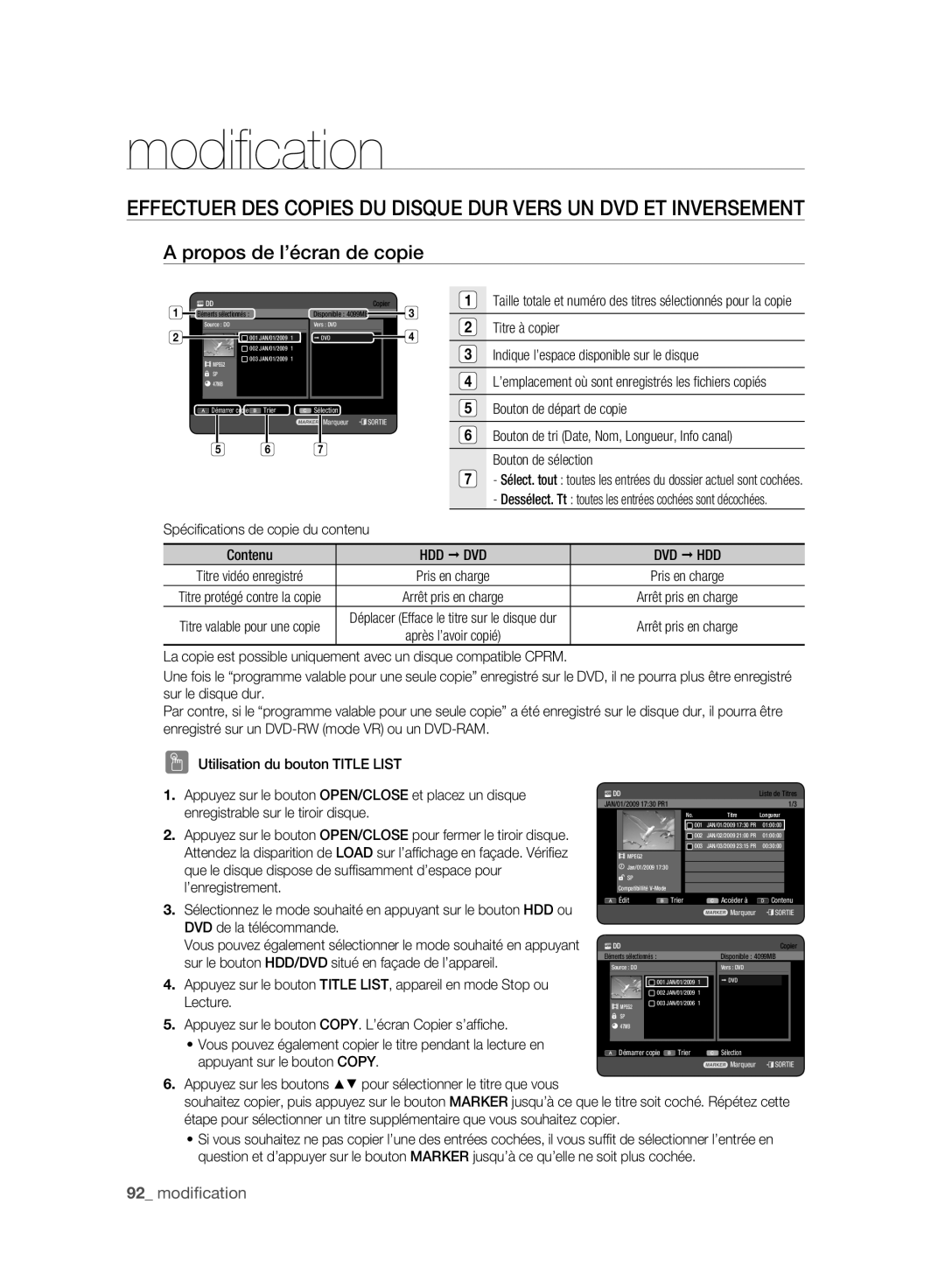 Samsung DVD-HR775A/AUS, DVD-HR775A/XEN, DVD-HR775A/EDC manual Propos de l’écran de copie, Spéciﬁcations de copie du contenu 