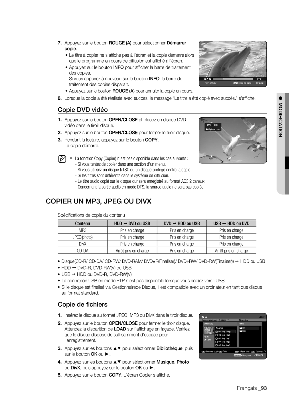 Samsung DVD-HR775A/XEG manual Copier UN MP3, Jpeg OU Divx, Copie DVD vidéo, Copie de ﬁchiers, Vidéo dans le tiroir disque 