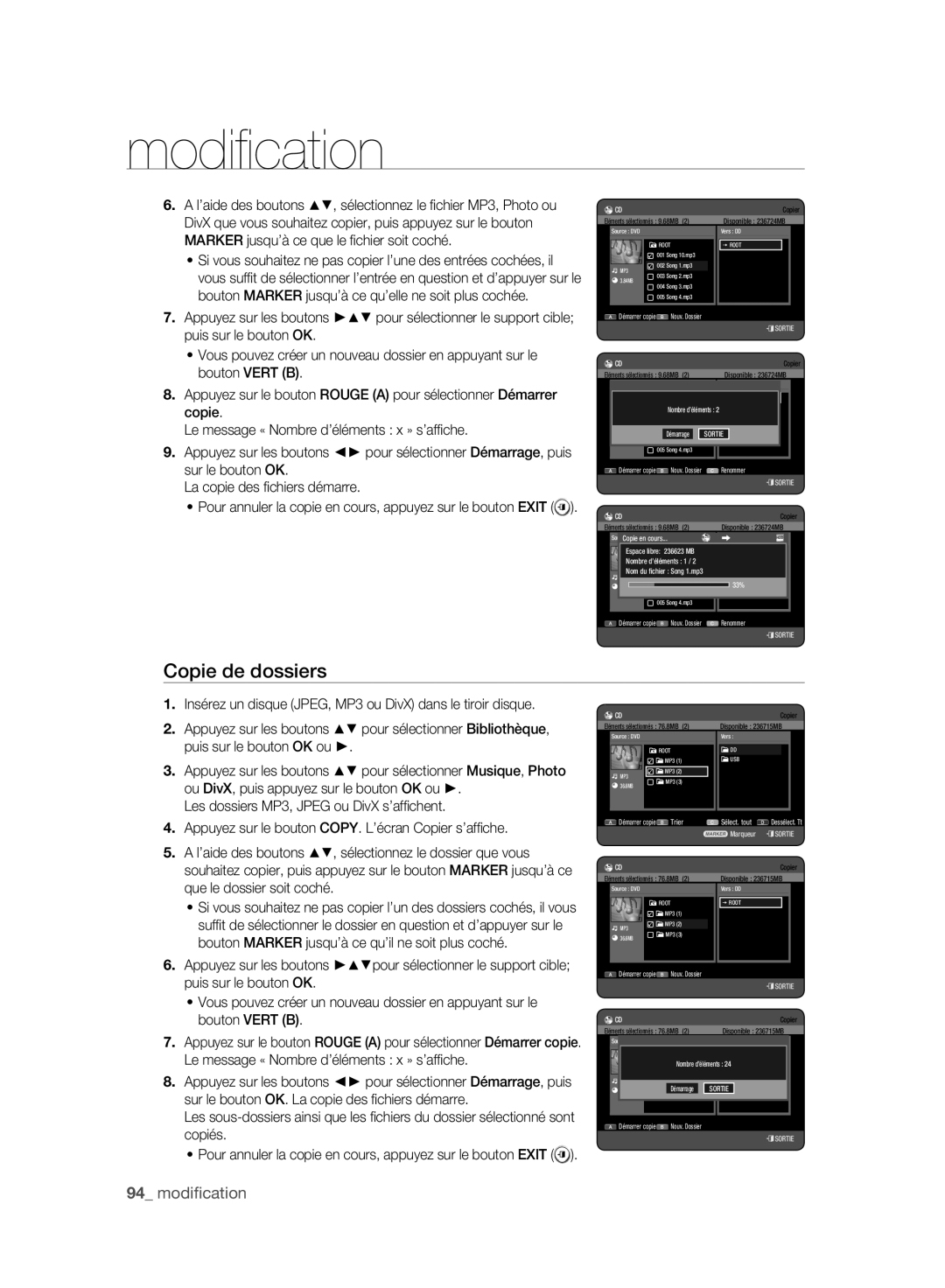 Samsung DVD-HR777A/XEB, DVD-HR775A/XEN manual Copie de dossiers, Insérez un disque JPEG, MP3 ou DivX dans le tiroir disque 