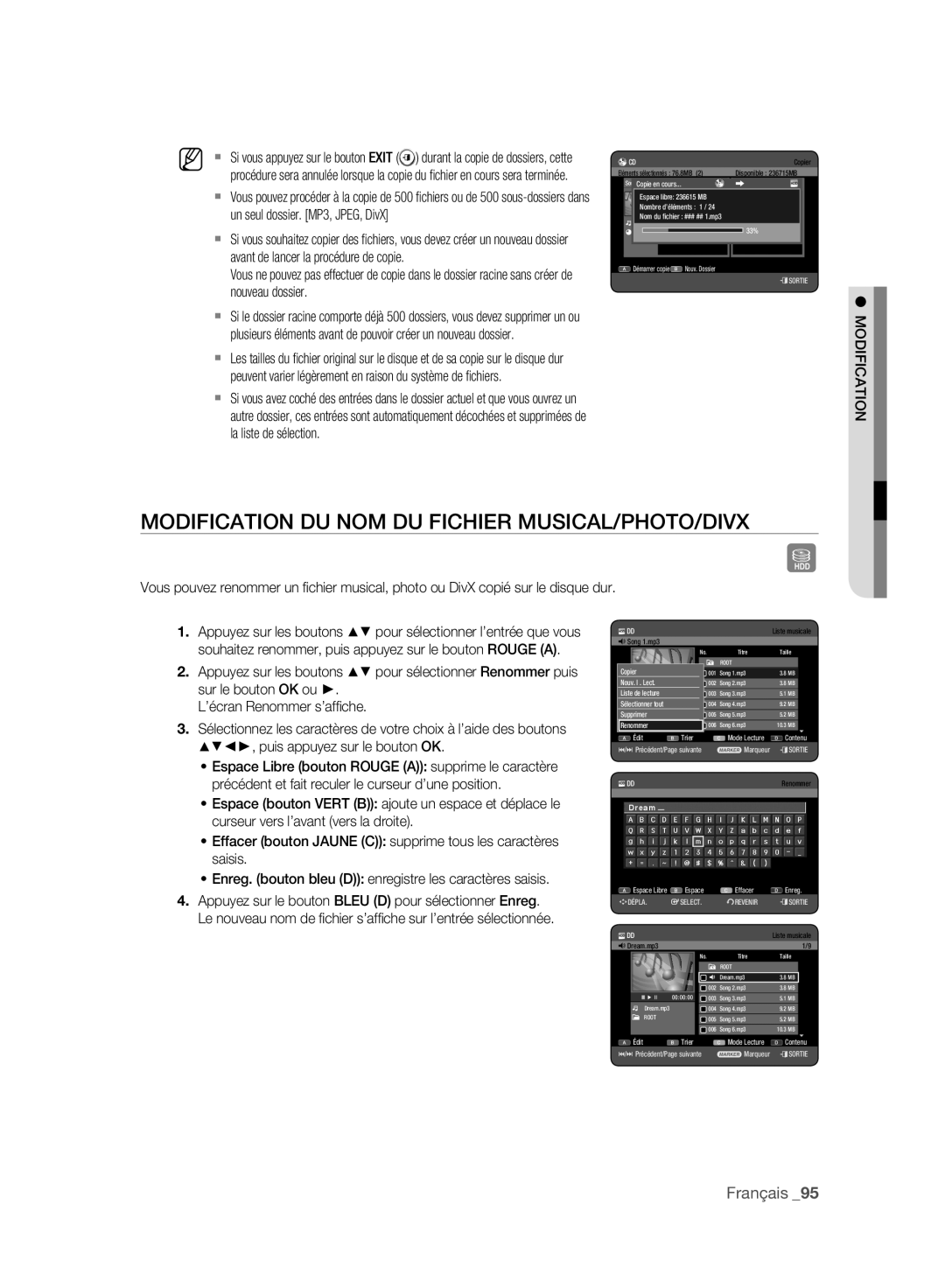 Samsung DVD-HR773A/AUS manual Modification DU NOM DU Fichier MUSICAL/PHOTO/DIVX, Nouv. I . Lect, Supprimer Renommer 