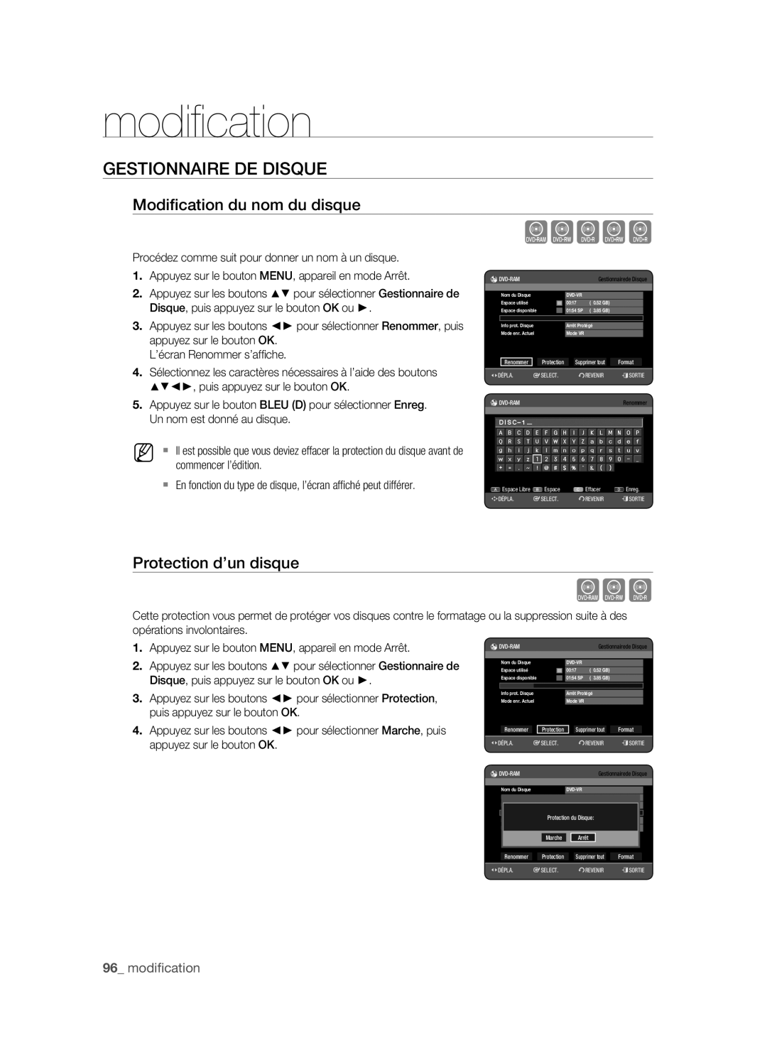 Samsung DVD-HR773A/XEG, DVD-HR775A/XEN manual Gestionnaire DE Disque, Modiﬁcation du nom du disque, Protection d’un disque 