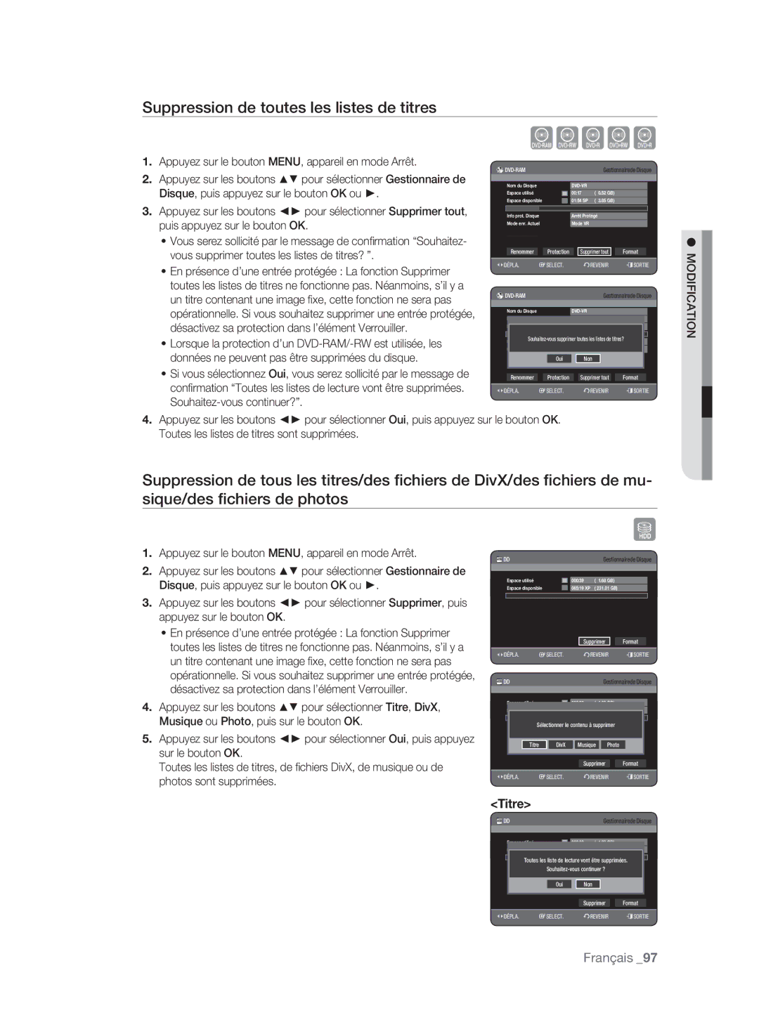 Samsung DVD-HR777A/AUS, DVD-HR775A/XEN, DVD-HR775A/EDC manual Suppression de toutes les listes de titres, Supprimer Format 