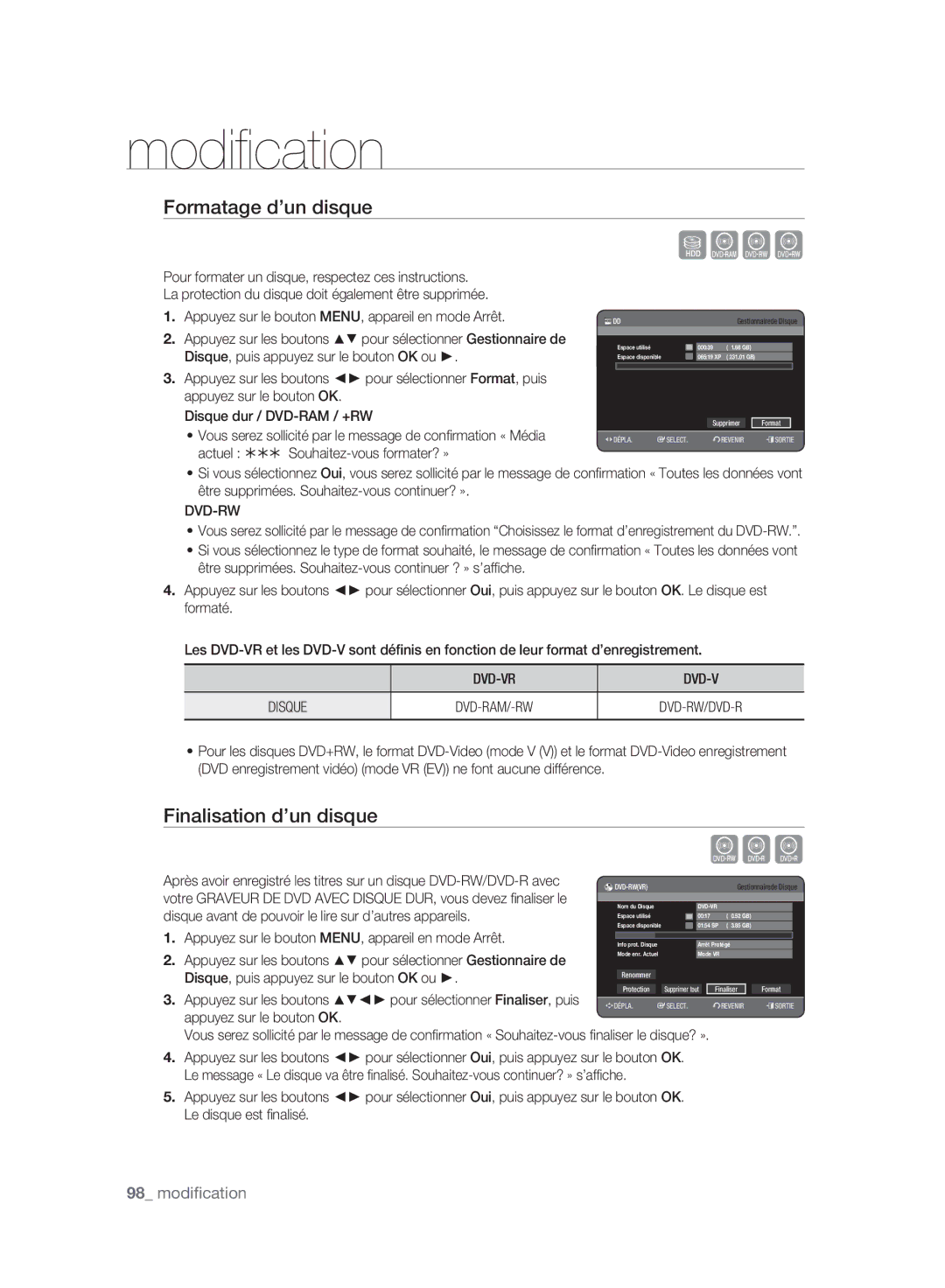 Samsung DVD-HR775A/XEN Formatage d’un disque, Finalisation d’un disque, DVD-VR Disque, Appuyez sur le bouton OK, Finaliser 