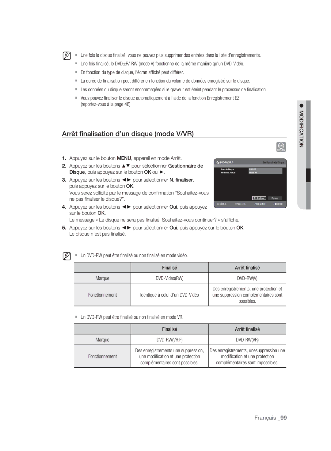 Samsung DVD-HR775A/EDC, DVD-HR775A/XEN, DVD-HR773A/XEN, DVD-HR777A/XEG Arrêt ﬁnalisation d’un disque mode V/VR, Dvd-Rwvrf 