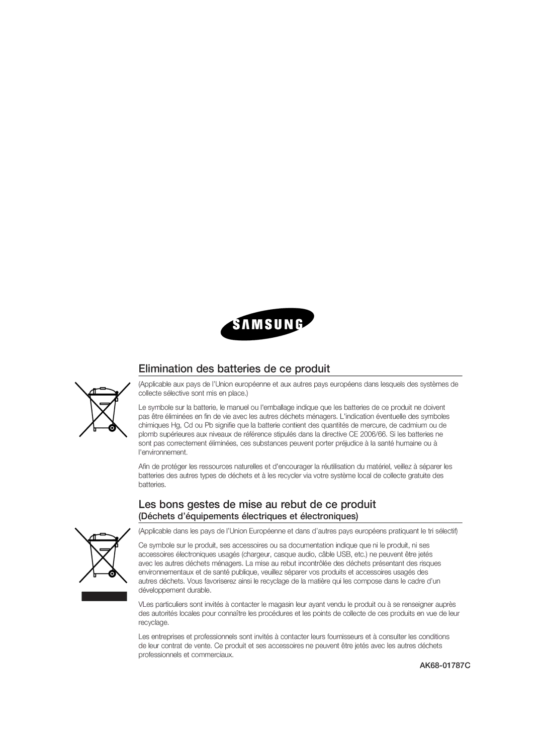 Samsung DVD-HR775A/XEN manual Elimination des batteries de ce produit, Les bons gestes de mise au rebut de ce produit 