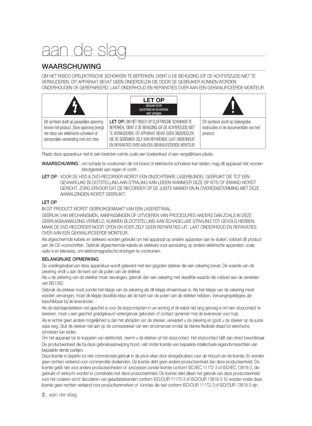 Samsung DVD-HR773A/XEN manual Aan de slag, Waarschuwing, LET OP DIT Product Wordt Gebruikgemaakt VAN EEN Laserstraal 