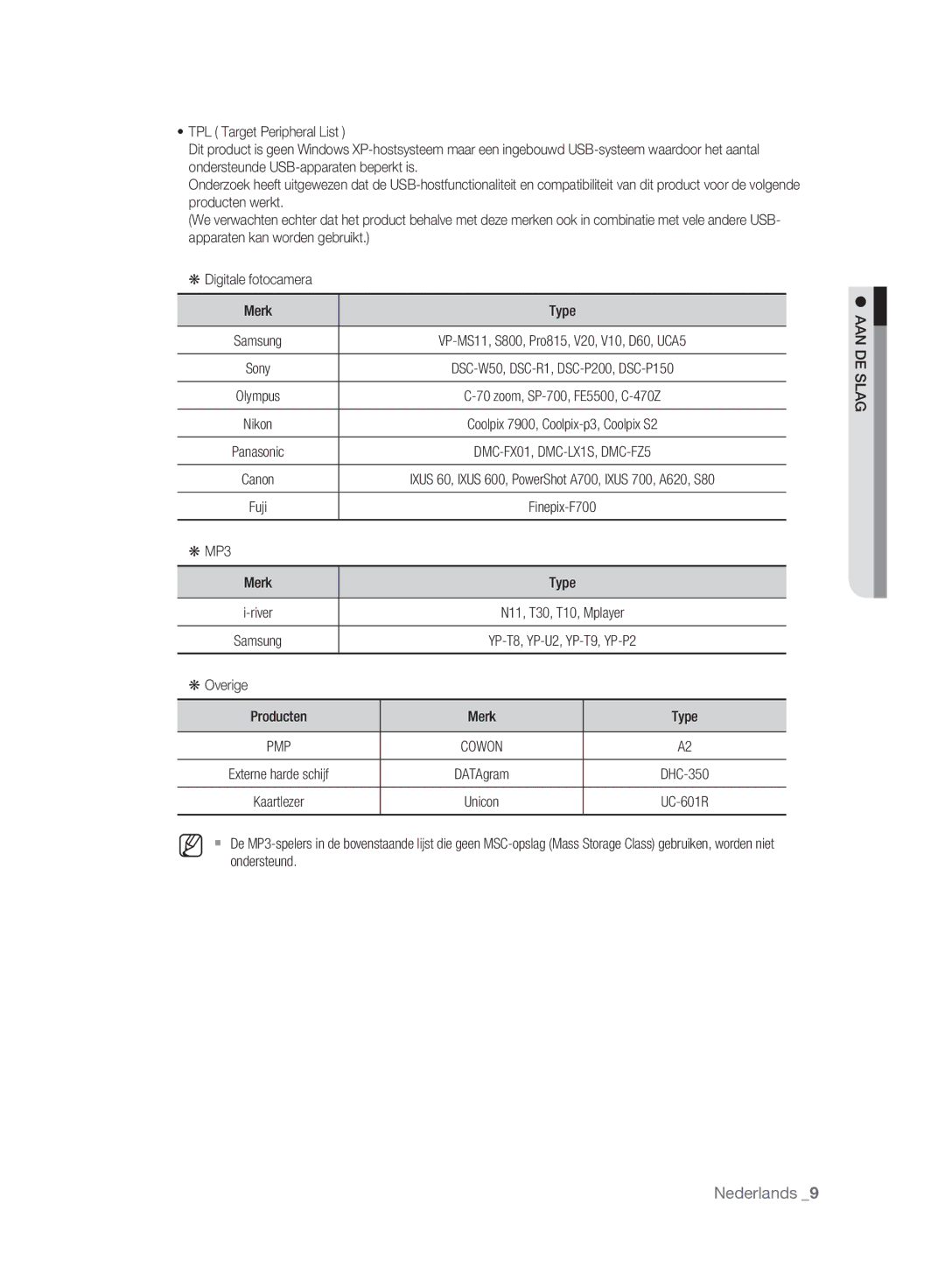 Samsung DVD-HR775A/XEG, DVD-HR775A/XEN, DVD-HR775A/EDC, DVD-HR773A/XEN, DVD-HR777A/XEG manual MP3, Overige Producten Merk Type 