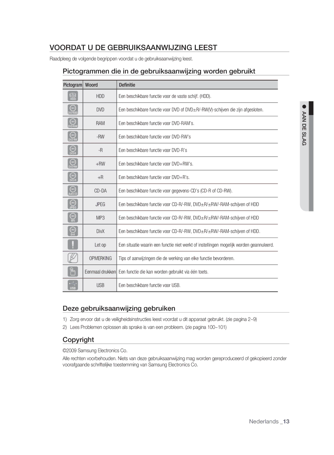 Samsung DVD-HR777A/AUS Voordat U DE Gebruiksaanwijzing Leest, Pictogrammen die in de gebruiksaanwijzing worden gebruikt 