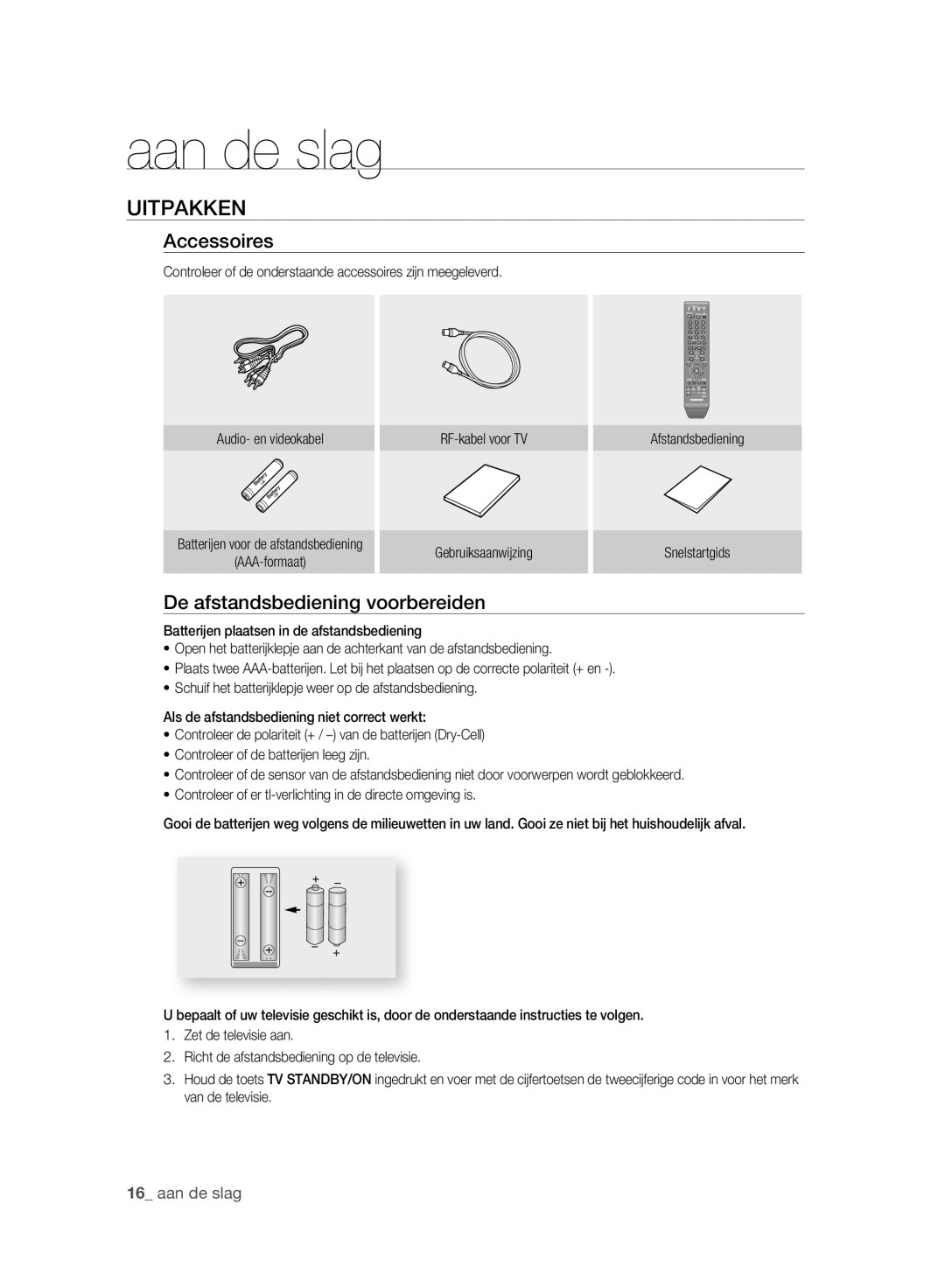 Samsung DVD-HR773A/XEN, DVD-HR775A/XEN Uitpakken, De afstandsbediening voorbereiden, Batterijen voor de afstandsbediening 