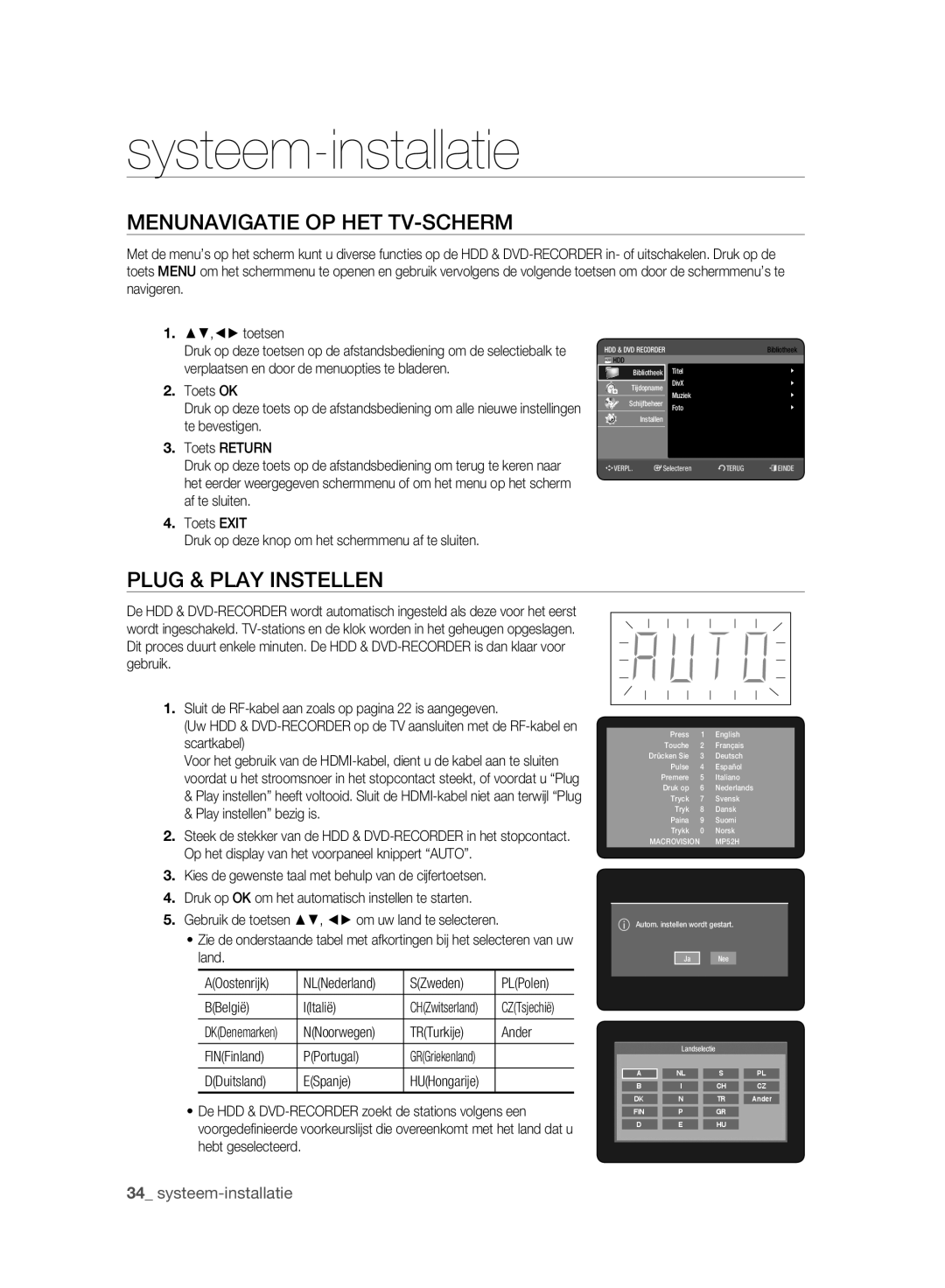 Samsung DVD-HR773A/XEB, DVD-HR775A/XEN manual Systeem-installatie, Menunavigatie OP HET TV-SCHERM, Plug & Play Instellen 