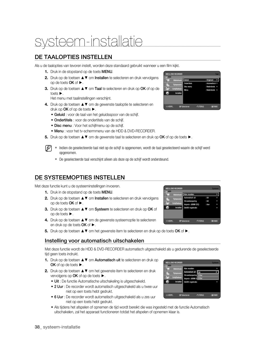 Samsung DVD-HR777A/XEB manual DE Taalopties Instellen, DE Systeemopties Instellen, Instelling voor automatisch uitschakelen 