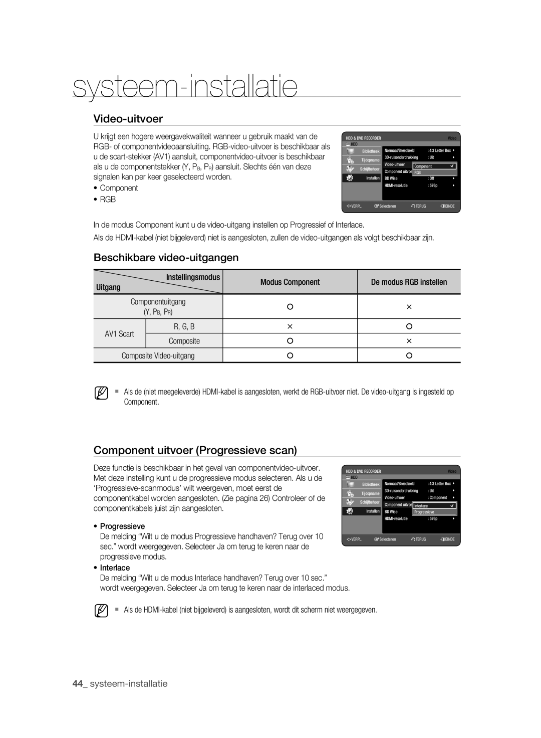 Samsung DVD-HR773A/XEN Video-uitvoer, Beschikbare video-uitgangen, Component uitvoer Progressieve scan, Instellingsmodus 