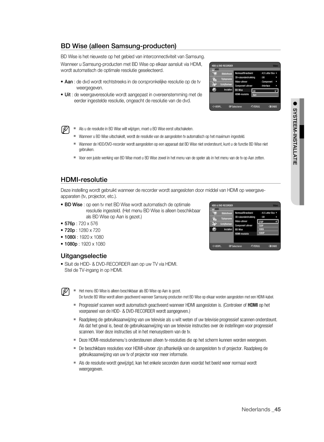 Samsung DVD-HR777A/XEG, DVD-HR775A/XEN manual BD Wise alleen Samsung-producten, HDMI-resolutie, Uitgangselectie, Weergegeven 