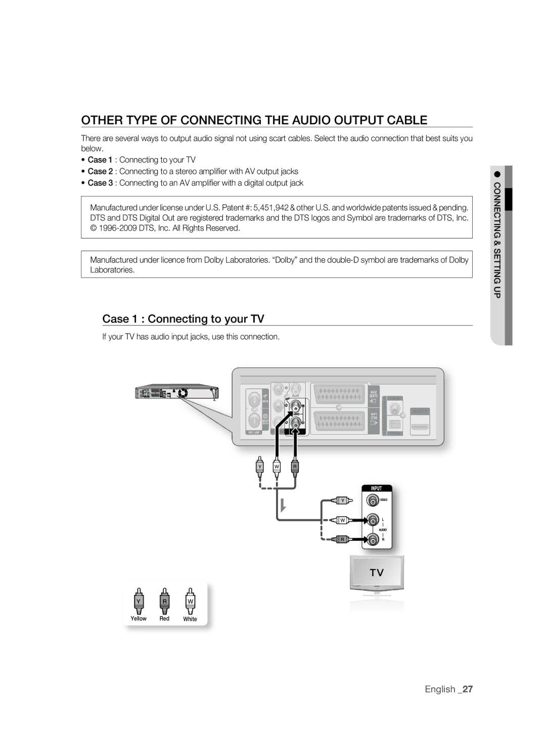 Samsung DVD-HR777A/AUS, DVD-HR775A/XEN manual Other Type of Connecting the Audio Output Cable, Case 1 Connecting to your TV 