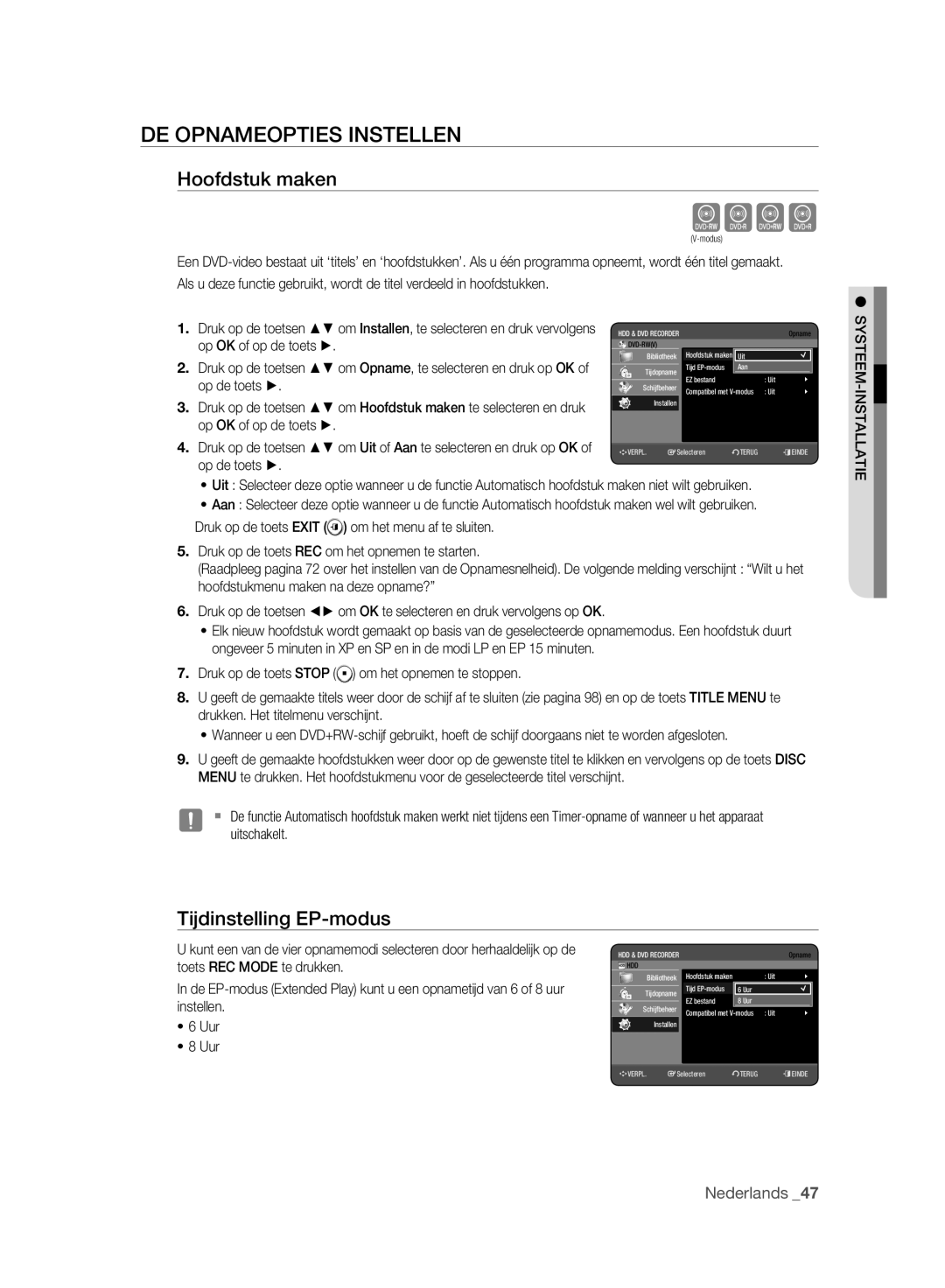 Samsung DVD-HR775A/XEB, DVD-HR775A/XEN, DVD-HR775A/EDC DE Opnameopties Instellen, Hoofdstuk maken, Tijdinstelling EP-modus 