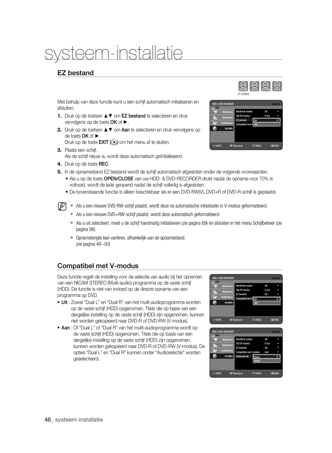 Samsung DVD-HR773A/XEB EZ bestand, Compatibel met V-modus, De toets OK Druk op de toets Exit om het menu af te sluiten 