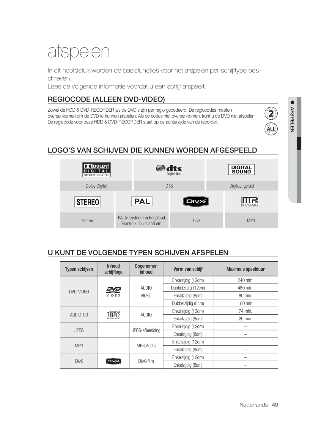 Samsung DVD-HR773A/EDC manual Afspelen, Regiocode Alleen DVD-VIDEO, LOGO’S VAN Schijven DIE Kunnen Worden Afgespeeld 