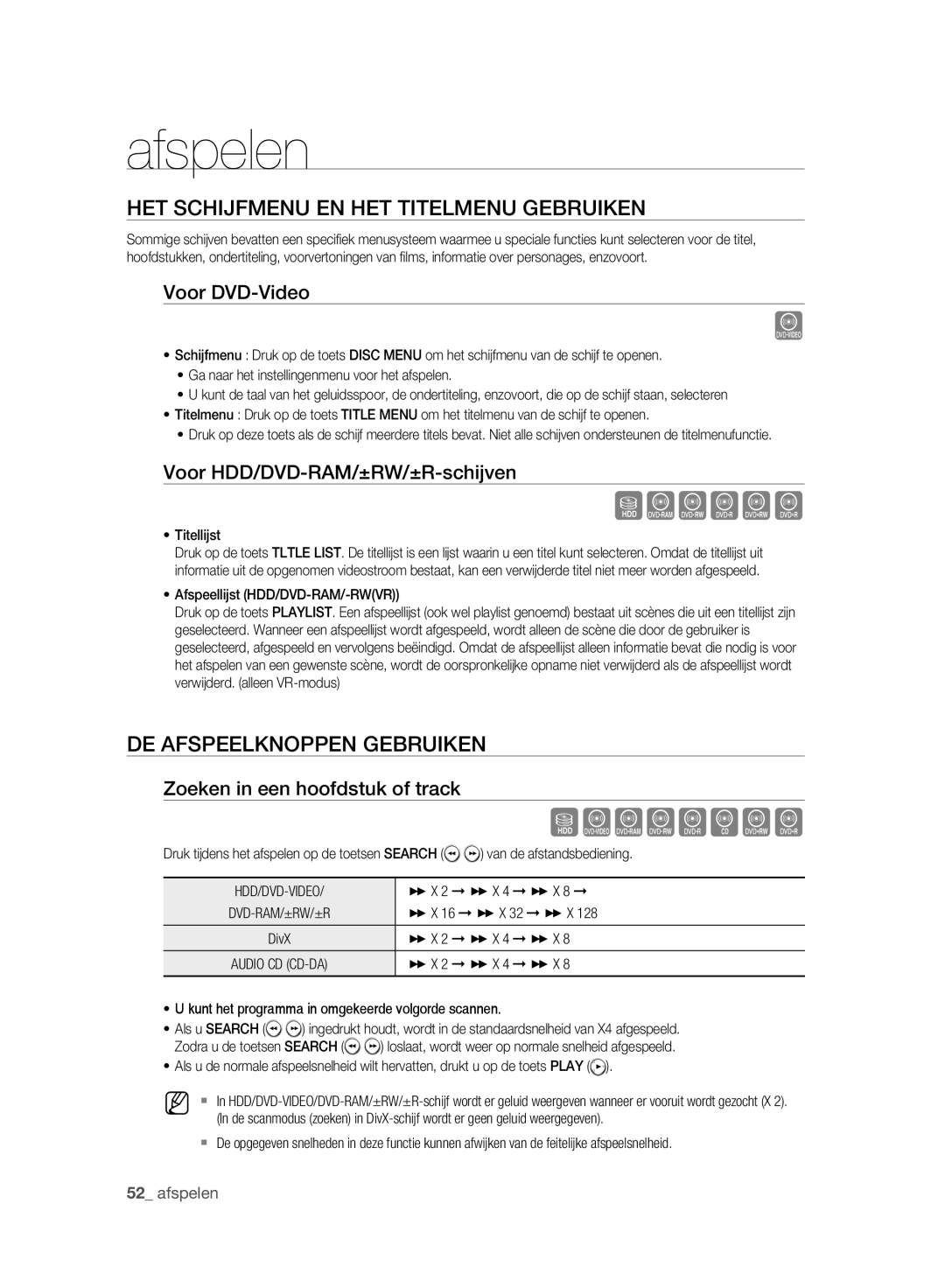 Samsung DVD-HR777A/XEB manual HET Schijfmenu EN HET Titelmenu Gebruiken, DE Afspeelknoppen Gebruiken, Voor DVD-Video 