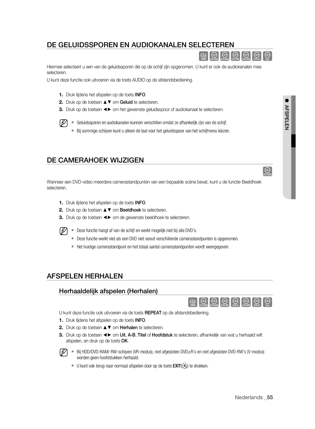 Samsung DVD-HR777A/AUS manual DE Geluidssporen EN Audiokanalen Selecteren, DE Camerahoek Wijzigen, Afspelen Herhalen 