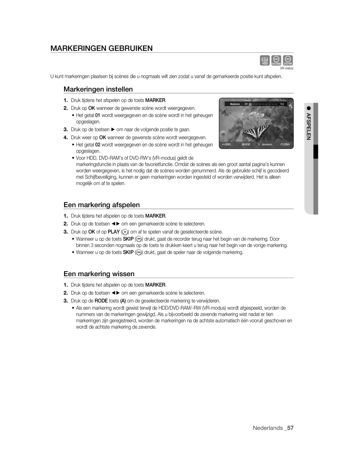 Samsung DVD-HR775A/EDC manual Markeringen Gebruiken, Markeringen instellen, Een markering afspelen, Een markering wissen 