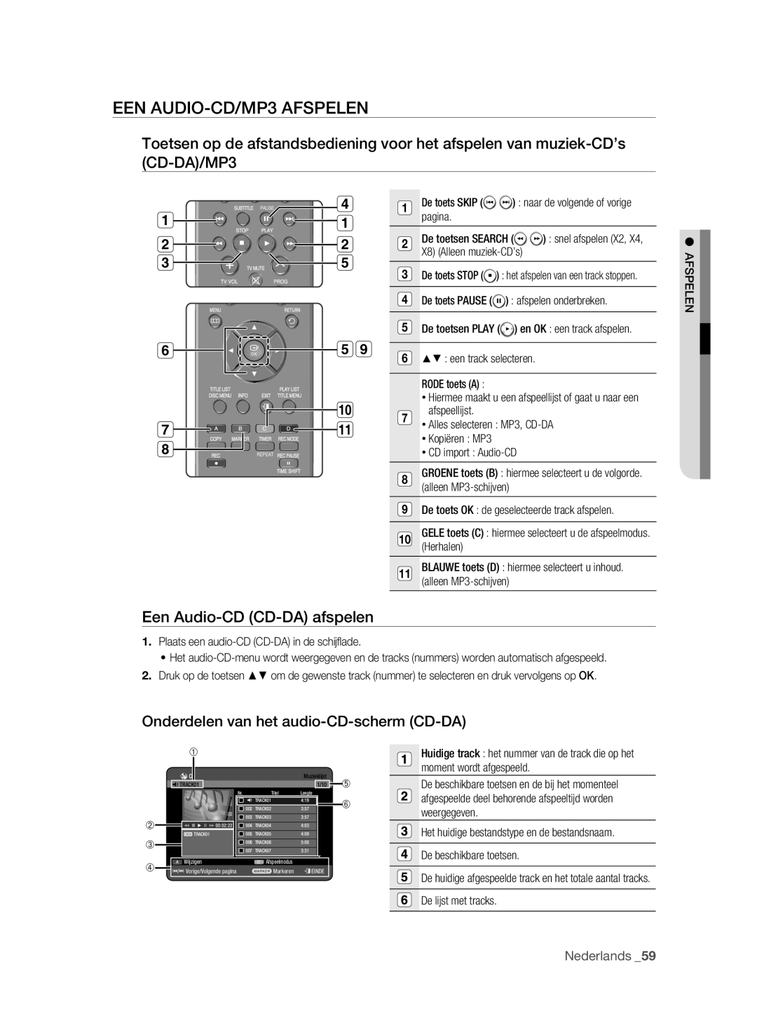 Samsung DVD-HR777A/XEG EEN AUDIO-CD/MP3 Afspelen, Een Audio-CD CD-DA afspelen, Onderdelen van het audio-CD-scherm CD-DA 