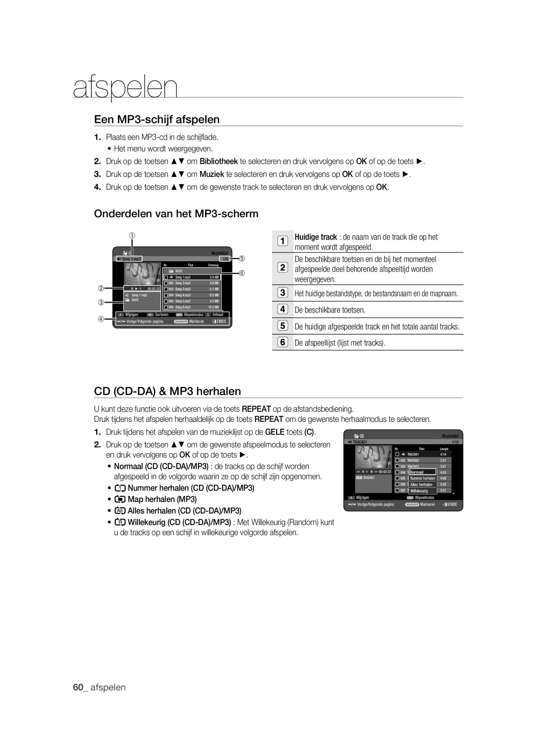 Samsung DVD-HR777A/EDC, DVD-HR775A/XEN Een MP3-schijf afspelen, Onderdelen van het MP3-scherm, CD CD-DA & MP3 herhalen 