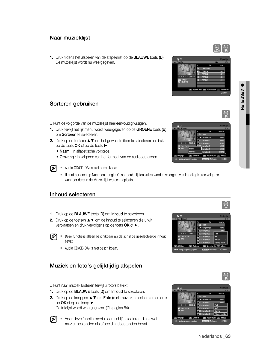 Samsung DVD-HR773A/EDC Naar muzieklijst, Sorteren gebruiken, Inhoud selecteren, Muziek en foto’s gelijktijdig afspelen 