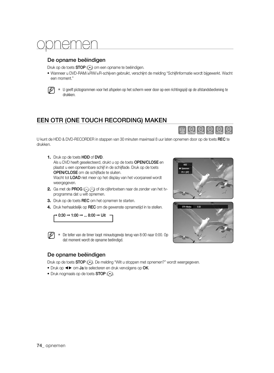 Samsung DVD-HR777A/EDC, DVD-HR775A/XEN, DVD-HR775A/EDC manual EEN OTR ONE Touch Recording Maken, 030 100 .. Uit, OTR-Modus 