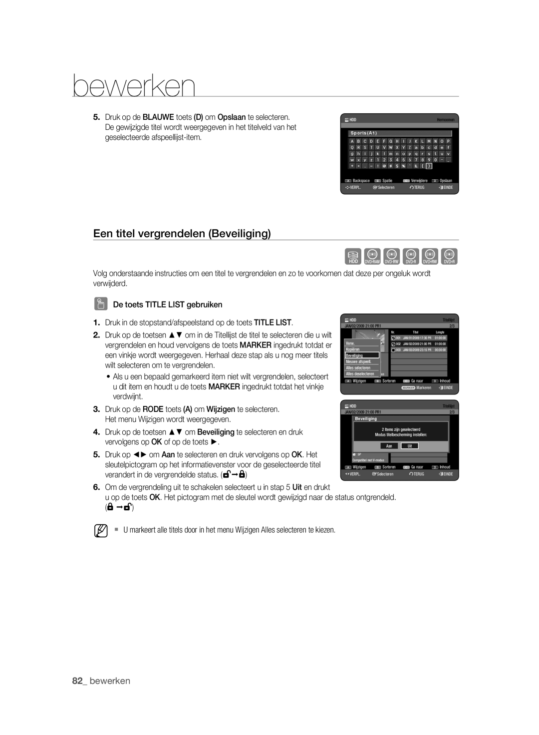 Samsung DVD-HR773A/XEG, DVD-HR775A/XEN, DVD-HR775A/EDC, DVD-HR773A/XEN manual Een titel vergrendelen Beveiliging, Modus 