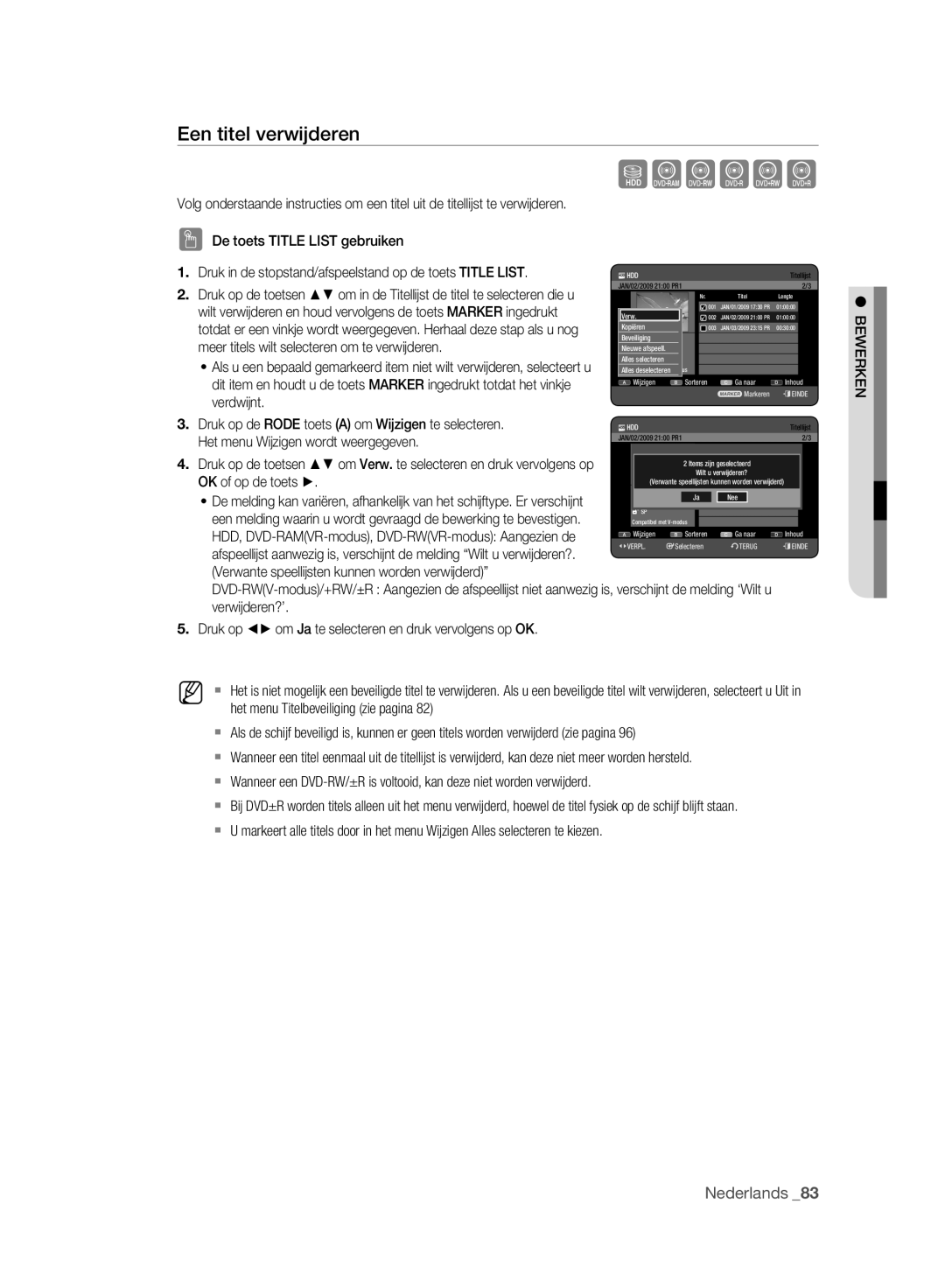 Samsung DVD-HR777A/AUS, DVD-HR775A/XEN Een titel verwijderen, Druk in de stopstand/afspeelstand op de toets Title List 