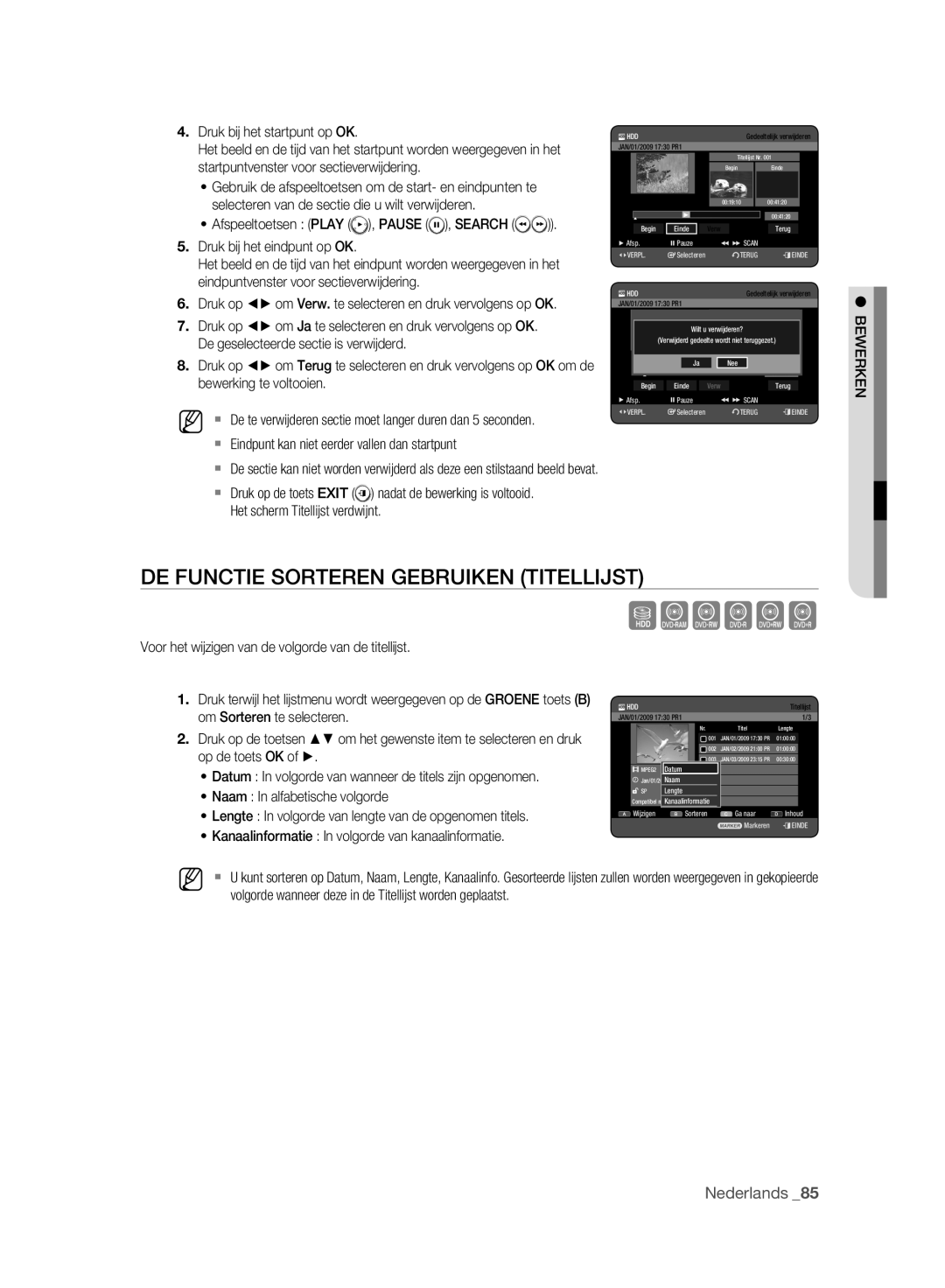 Samsung DVD-HR775A/EDC Selecteren van de sectie die u wilt verwijderen, Pause, Om Sorteren te selecteren, Op de toets OK 