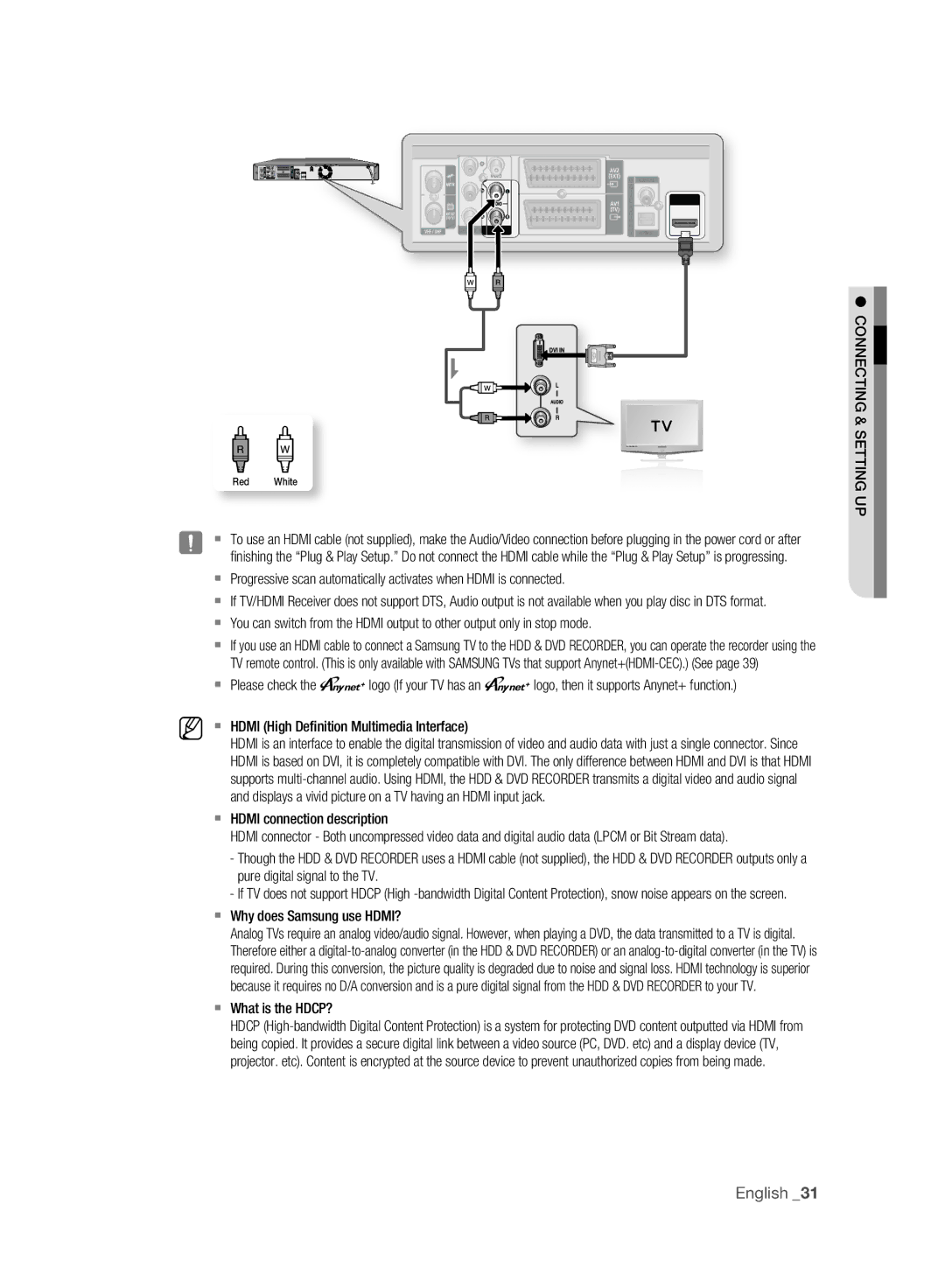 Samsung DVD-HR777A/XEG, DVD-HR775A/XEN  Hdmi connection description,  Why does Samsung use HDMI?,  What is the HDCP? 