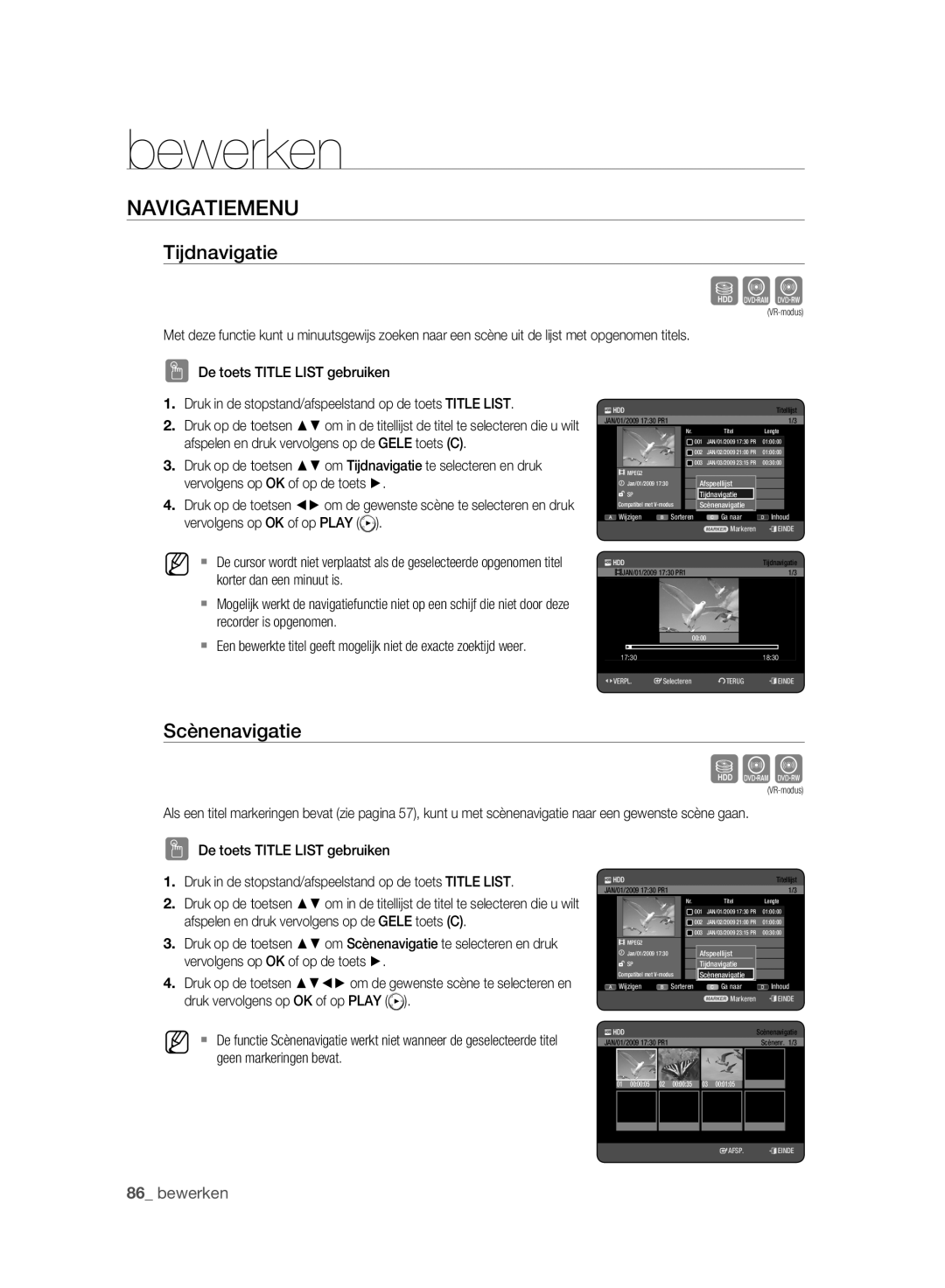 Samsung DVD-HR773A/XEN, DVD-HR775A/XEN, DVD-HR775A/EDC manual Navigatiemenu, Scènenavigatie, Afspeellijst Tijdnavigatie 