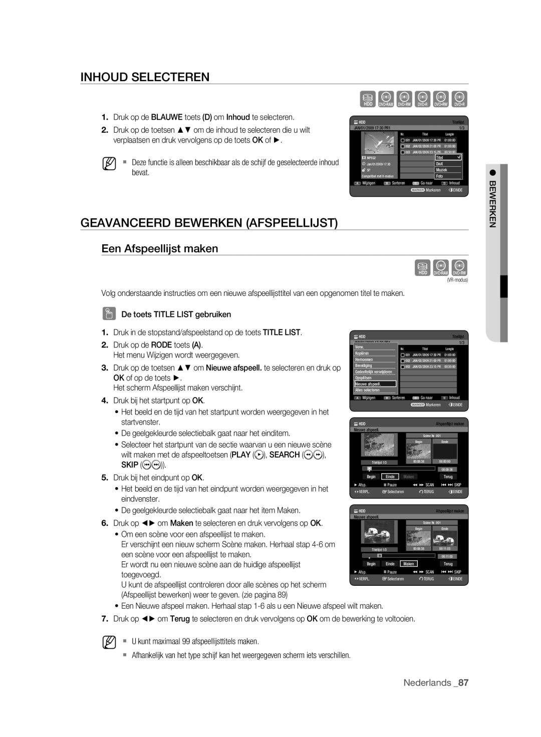 Samsung DVD-HR777A/XEG, DVD-HR775A/XEN manual Inhoud Selecteren, Geavanceerd Bewerken Afspeellijst, Een Afspeellijst maken 