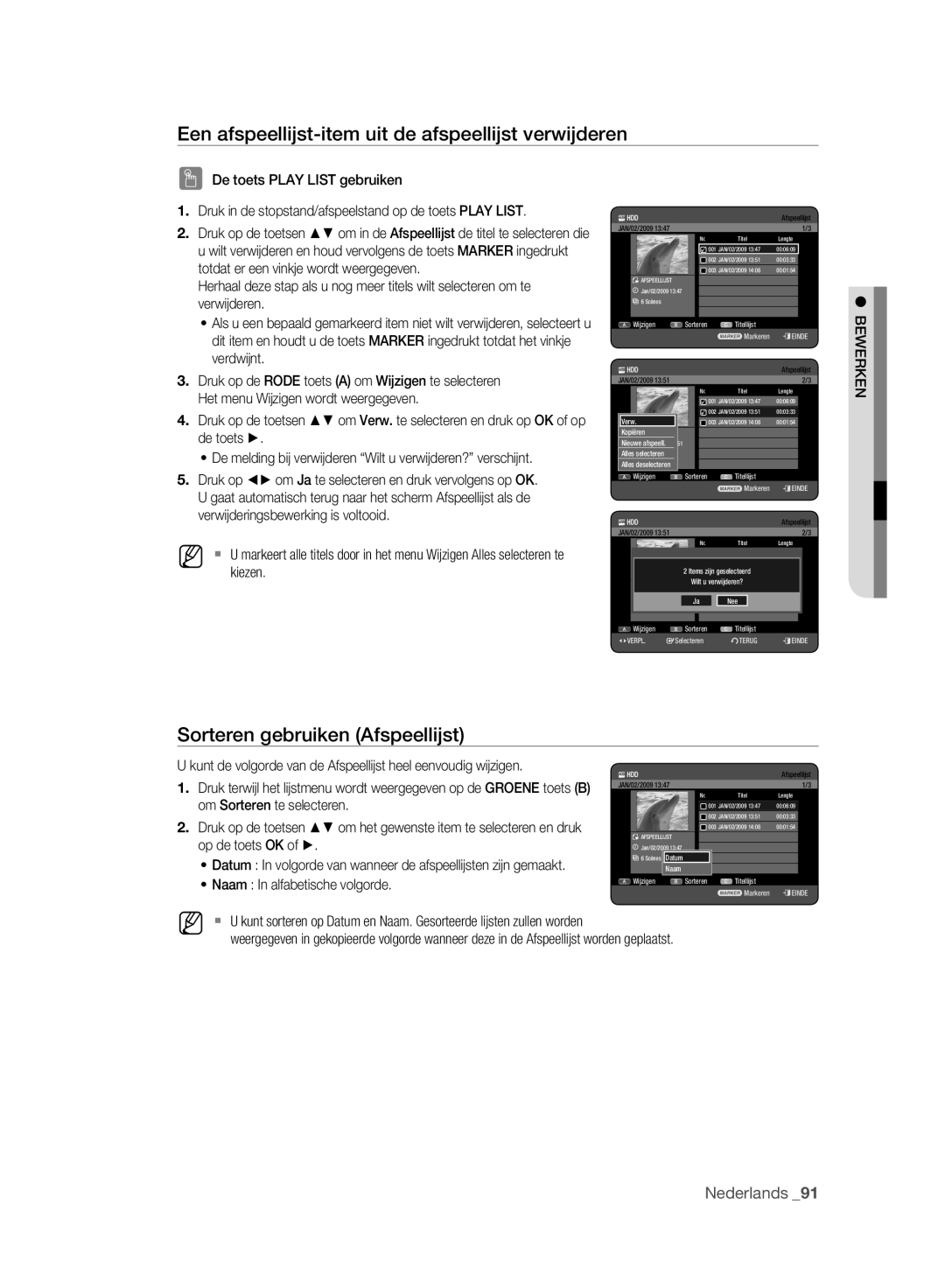 Samsung DVD-HR773A/EDC manual Een afspeellijst-item uit de afspeellijst verwijderen, Sorteren gebruiken Afspeellijst 